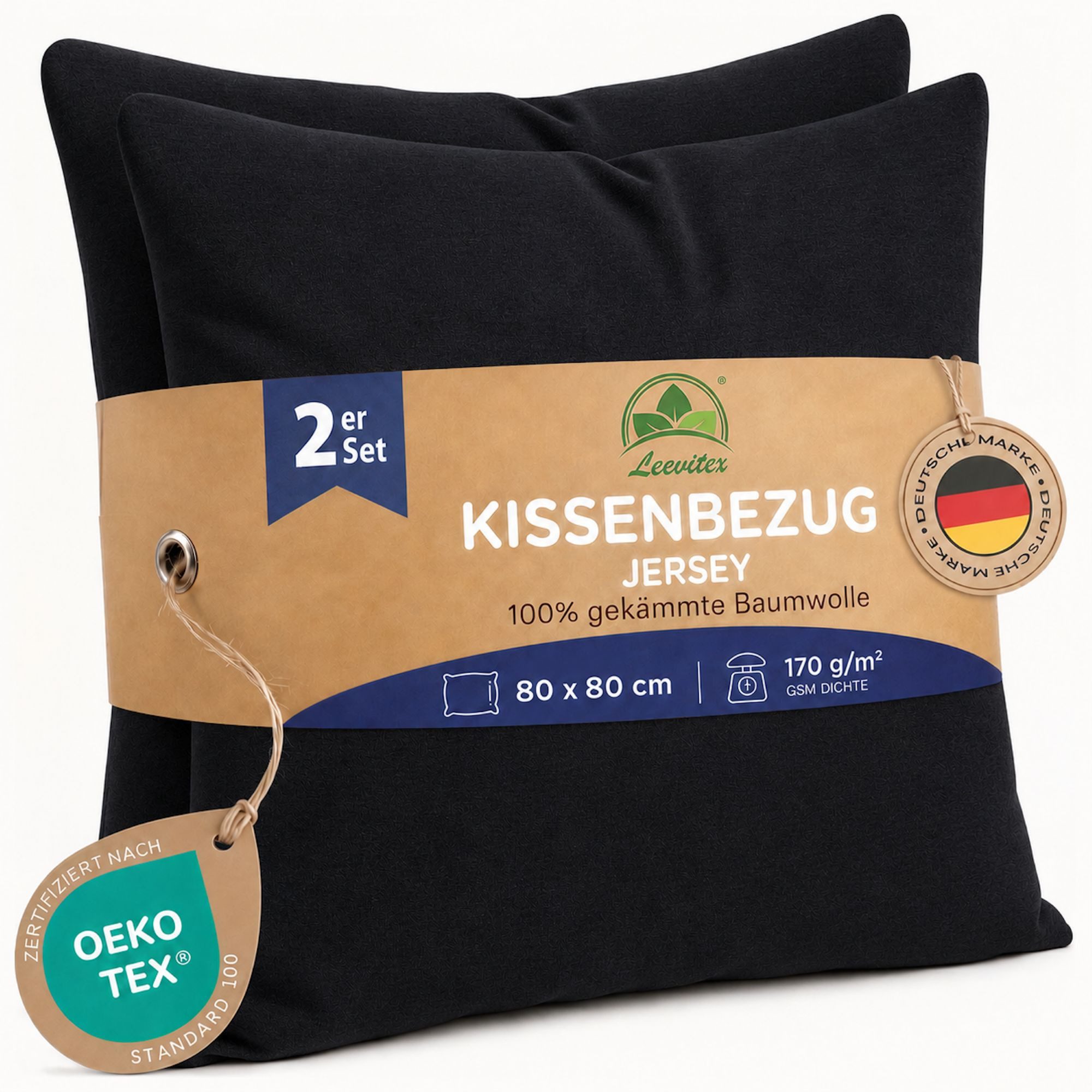 leevitex® Kissenbezüge Kissenbezug 80 x 80 cm, 2er Set, Schwarz, (2 Stück), feine Jersey-Qualität, 100% Baumwolle, robuster Reißverschluss
