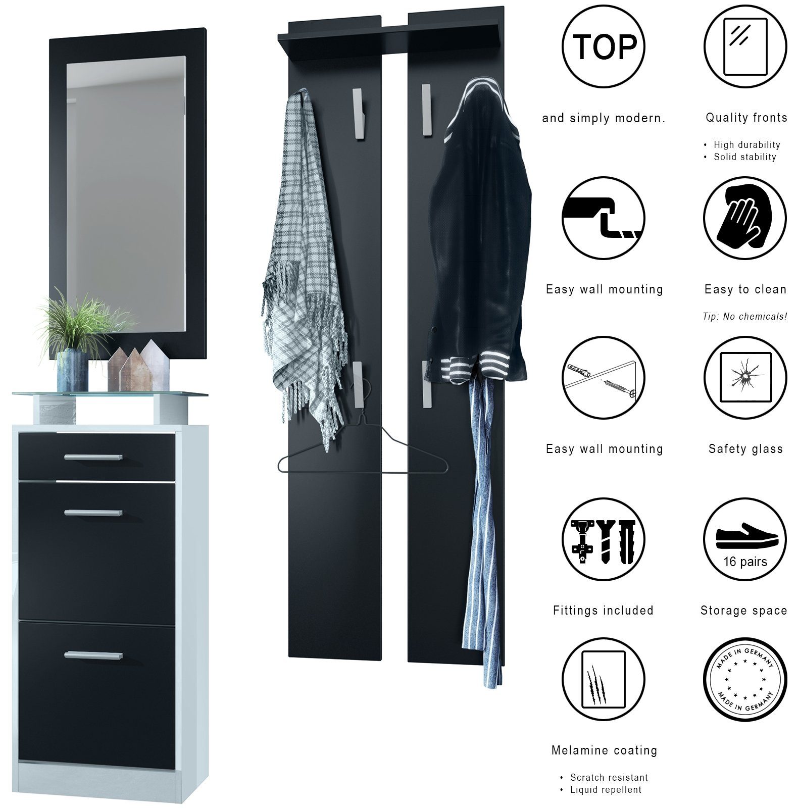 Vladon Garderoben-Set Loret V2, (Garderobe Set bestehend aus 1 Schuhschrank, 1 Wandspiegel, 2 Garderobenpaneele), Weiß matt (140 x 23 x 200 cm)