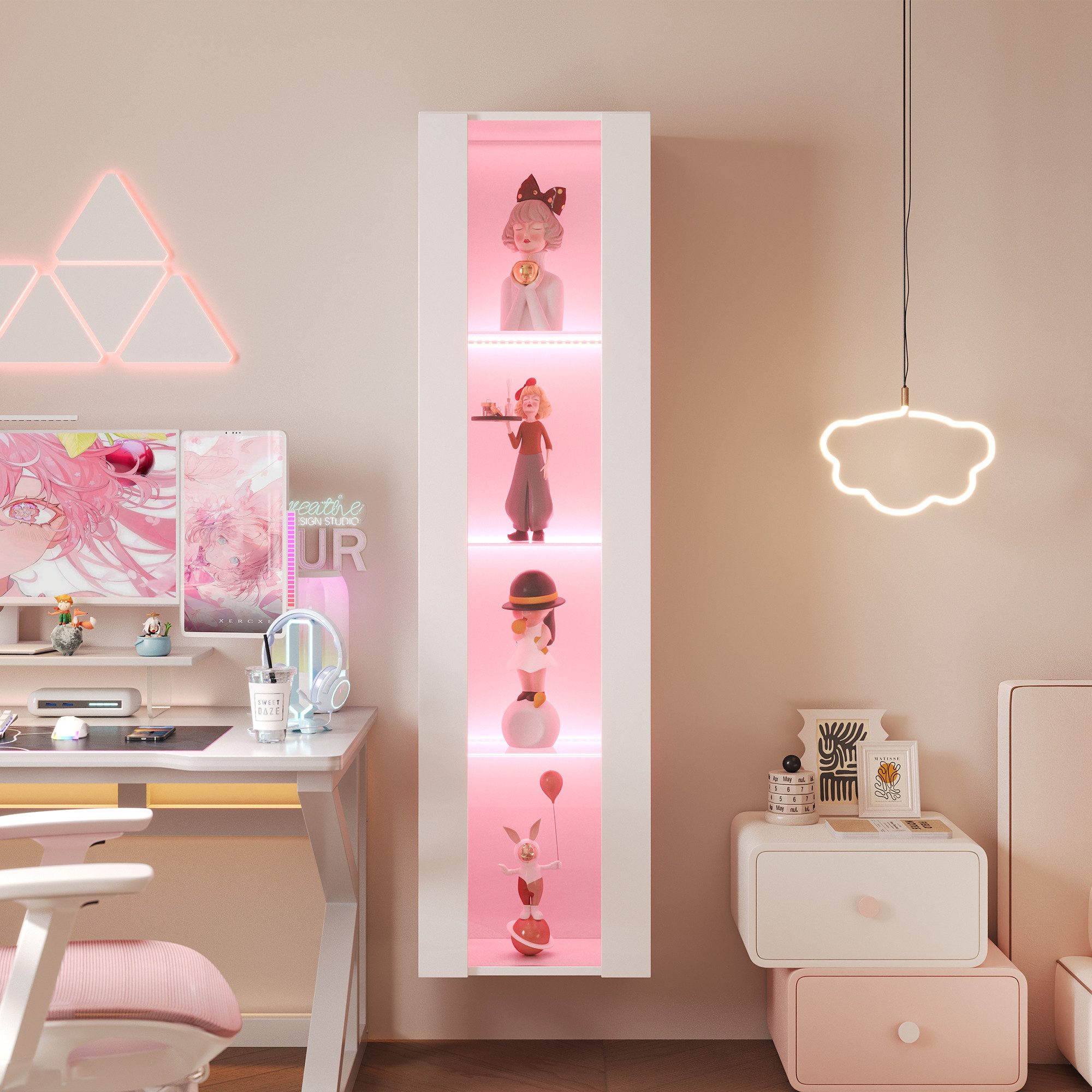 Flieks Glasvitrine Hochschrank Vitrine mit LED-Beleuchtung und Glaseinlegeböden (wandmontage oder bodenstehend, 1-St., B40/T29/H170 cm) multifunktionale Standvitrine mit Acryltüren Wohnzimmerschrank Weiß