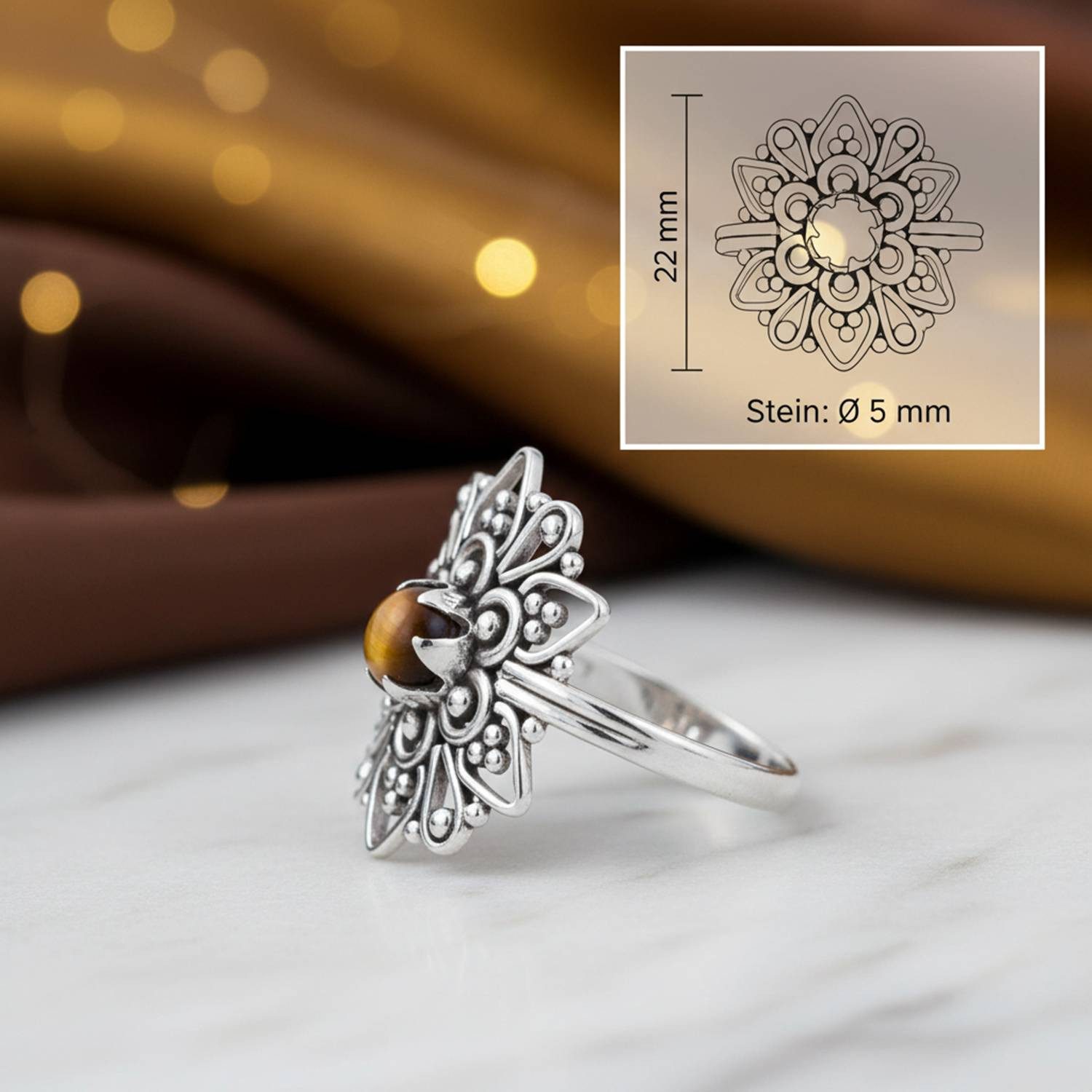mantraroma Silberring MUDARA-EMPAT aus 925 Silber mit Tigerauge (Ring mit Schmuckbeutel), Damenring aus 925er Silber