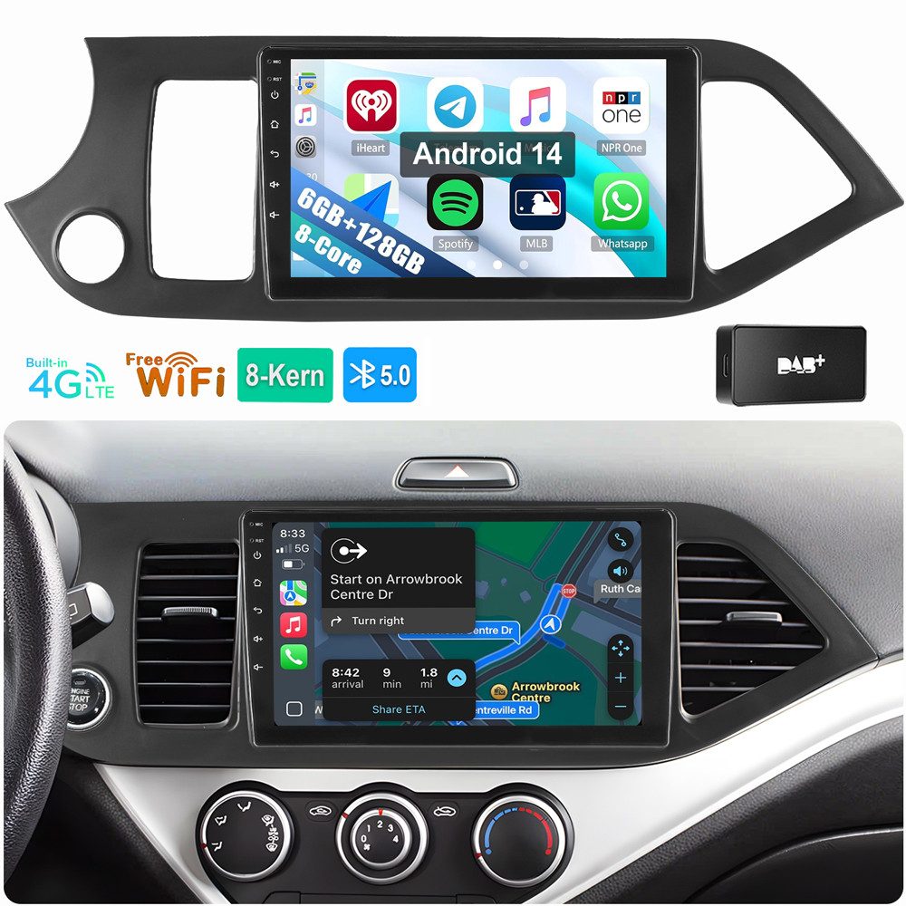 ESSGOO Für KIA PICANTO 2011-2016 6+128GB 8-Kern Carplay GPS RDS Autoradio (RDS, Digitalradio (DAB), FM, AM, Apple Carplay Android Auto GPS Navi WIFI BT SWC)