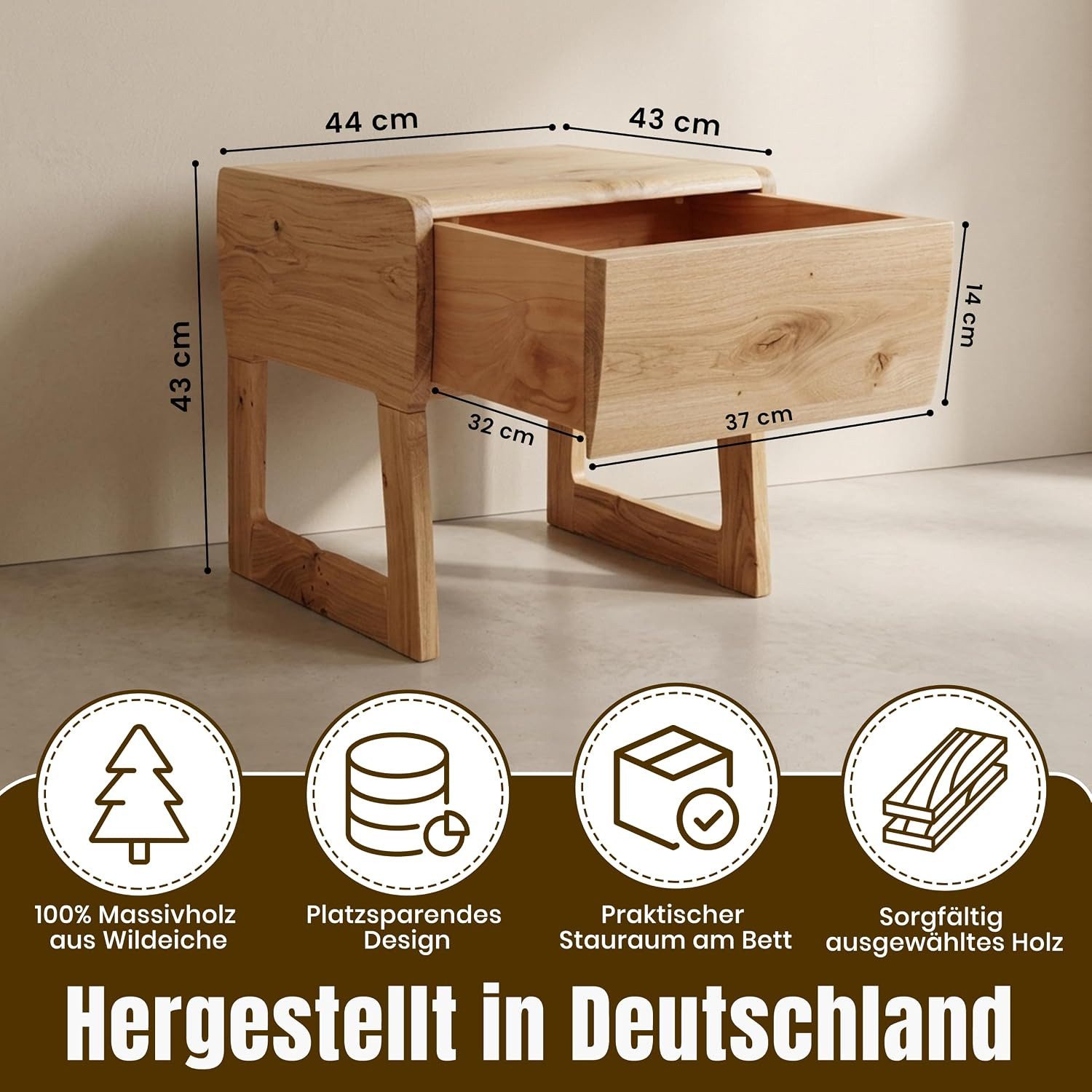 geborgenschlafen Nachttisch aus Massivholz Wildeiche - FLESSA (Nachtschrank - Nachtkommode - Nachtkonsole - Beistelltisch für Schlafzimmer & Wohnzimmer), Handgefertigt in Deutschland