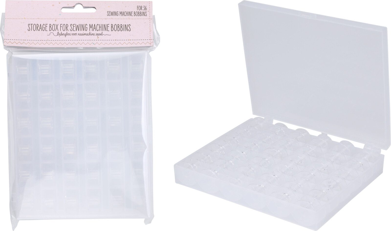 Koopman Fadenspule Nähspulenbox leer Kunststoff incl. 36 Spulen, (1-St), Inkl. 36 leere Spulen, Transparent, 20x14,5x2,5cm, aufklappbar