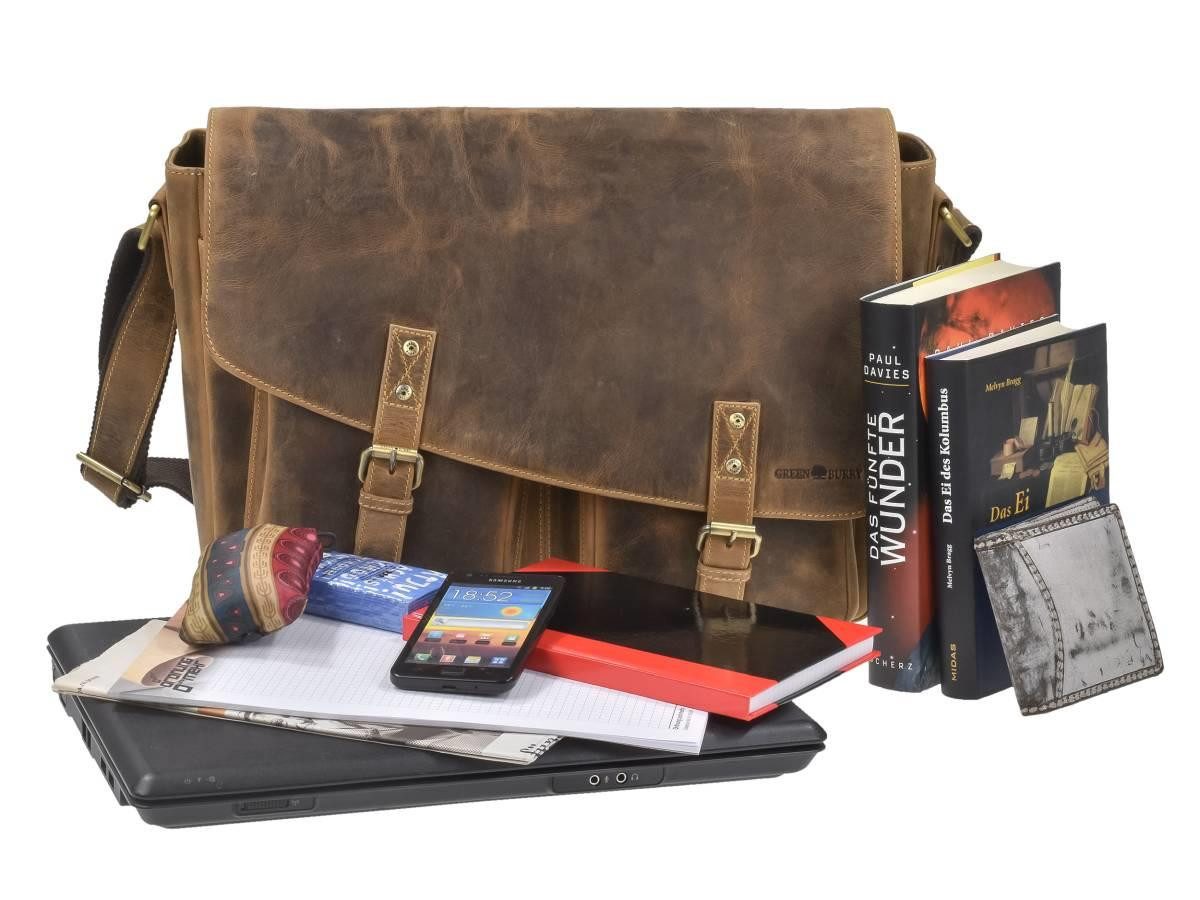 Greenburry Umhängetasche "Vintage" Leder Messenger Bag, used Look, Schultertasche 45x31cm, Notebookfach, antikbraun