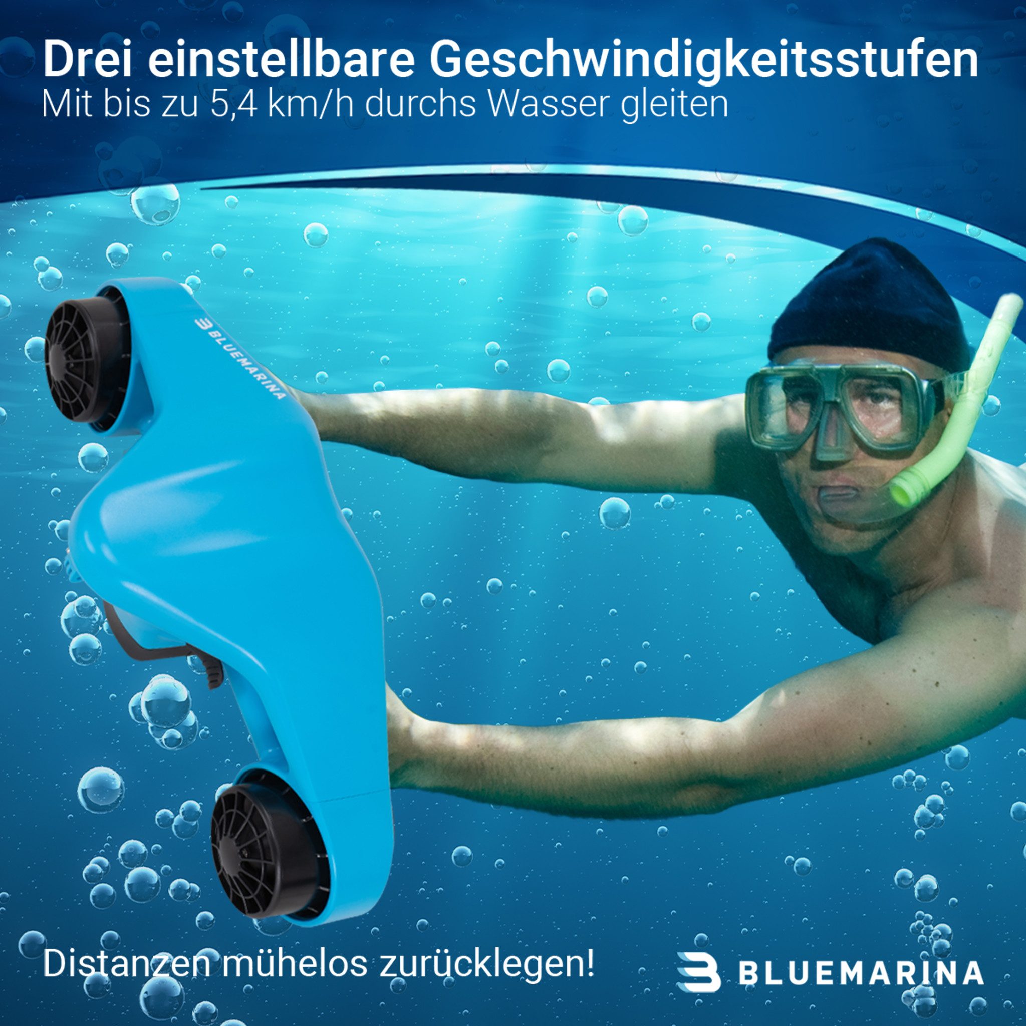 Bluemarina Schwimmhilfe Aquascooter Tauchscooter Orca 2x 500W 5 km/h (Tauchscooter, 1,5 m/Sek - 35 Minuten - bis zu 30,0 m tiefe - 3 Gänge - Sink Schutz), Seascooter - Taucherscooter - Tauch/Wassersport