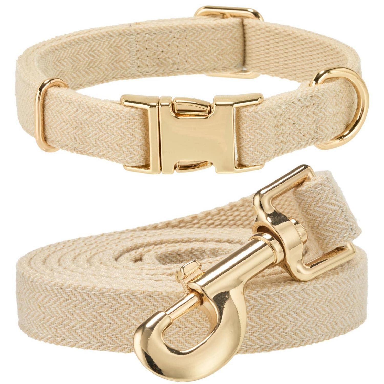 LuxusKollektion Hunde-Halsband Hundehalsband & Leine L Hellbeige Baumwolle, Textil