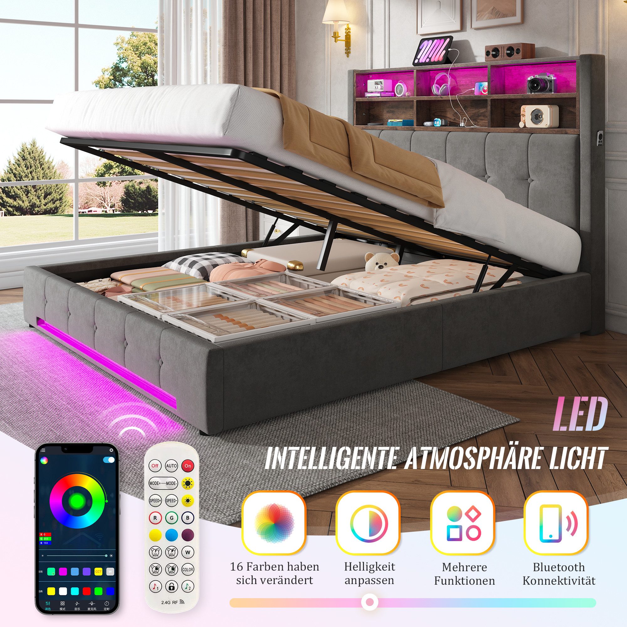 TavilaEcon Polsterbett 180×200 cm & weitere Größen mit Bettkasten und USB-C-Anschluss (1-tlg), mit Hydraulikfunktion & Samtbezug, 180×200cm, grau – Bild 5 von 5