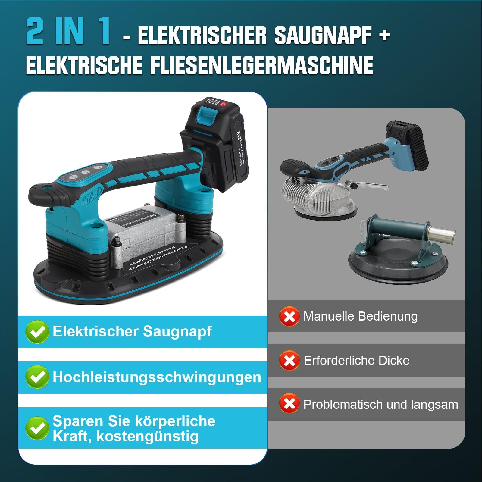 XERSEK Akku-Multifunktionswerkzeug Fliesenvibrator 12000VPM Fliesen Fliesenmaschine, 30-225mm 250KG, Fliesenrüttler Nivelliermaschine Upgrade Saugnapf, 6 Geschwindigkeit Einstellbarer Boden Fliesen, Vibrationsgerät (2x 2.5Ah Akku)