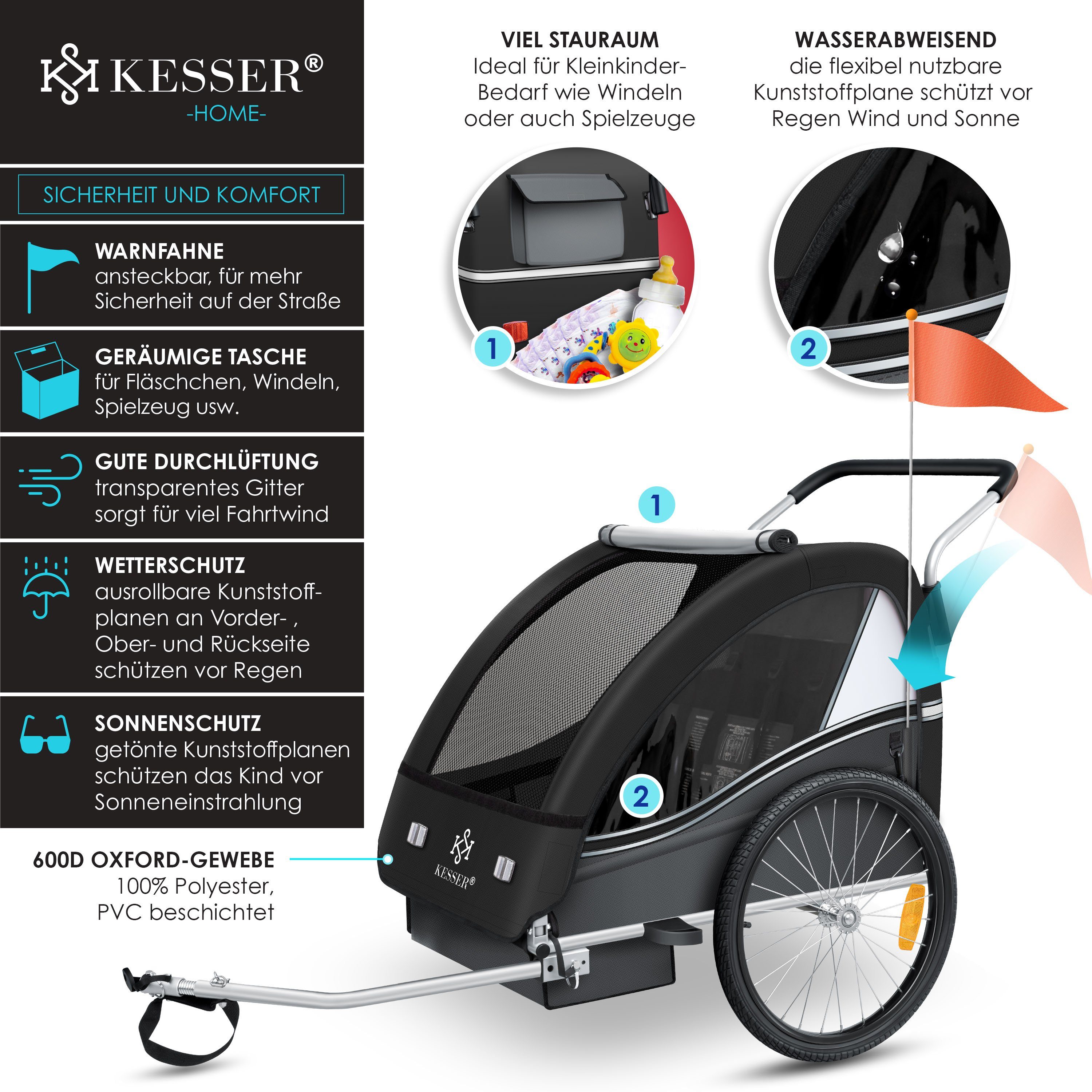 KESSER Fahrradkinderanhänger, Kinderanhänger Fahrradanhänger Sport-RX in Joggerfunktion