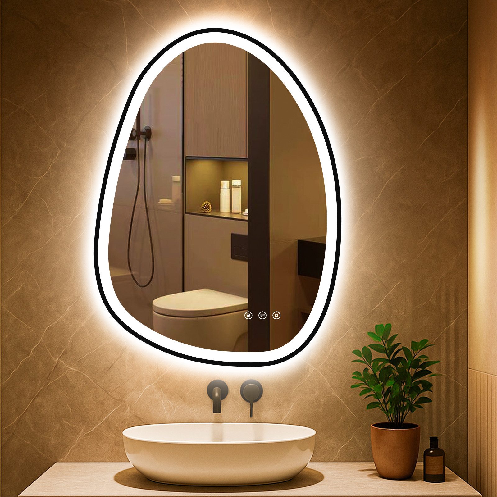 PESENXAN Badspiegel Asymmetrischer Spiegel mit LED-Beleuchtung - Dimmbar, 3 Lichtfarben (1-St), Badezimmerspiegel mit Memory-Funktion, Beschlagfrei, Energiesparend