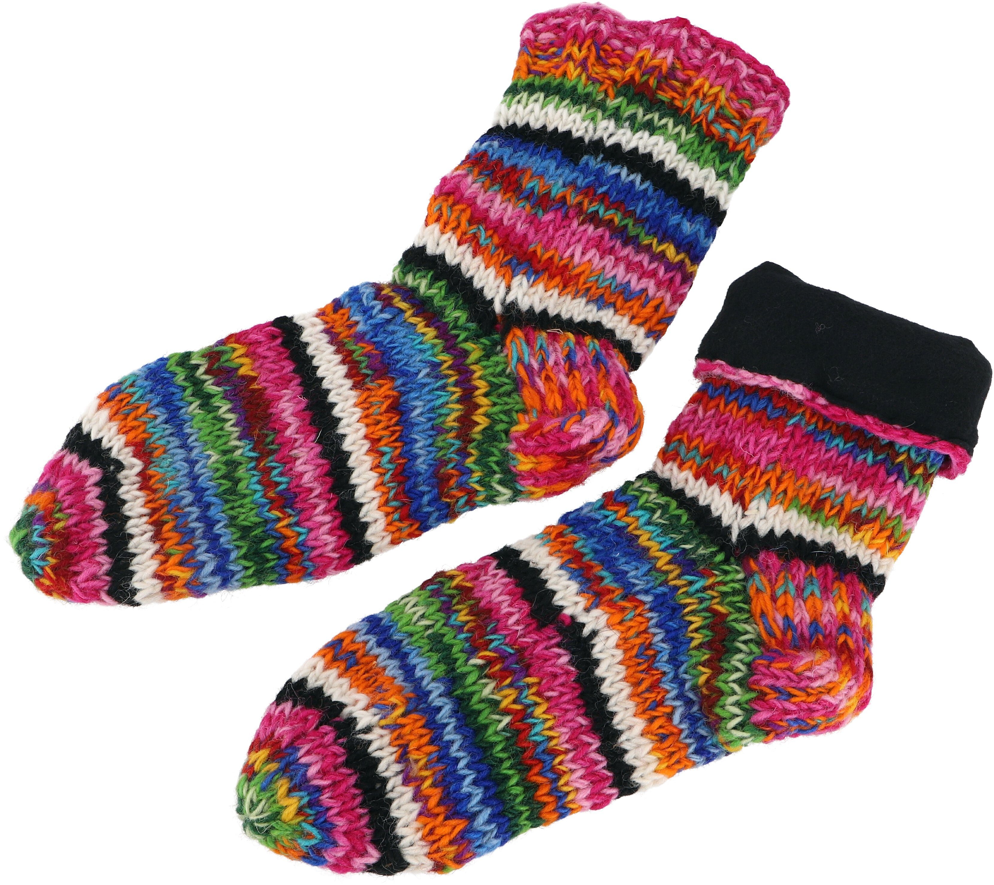 Guru-Shop gefütterte bunt Schafwollsocken,.. Handgestrickte Haussocken