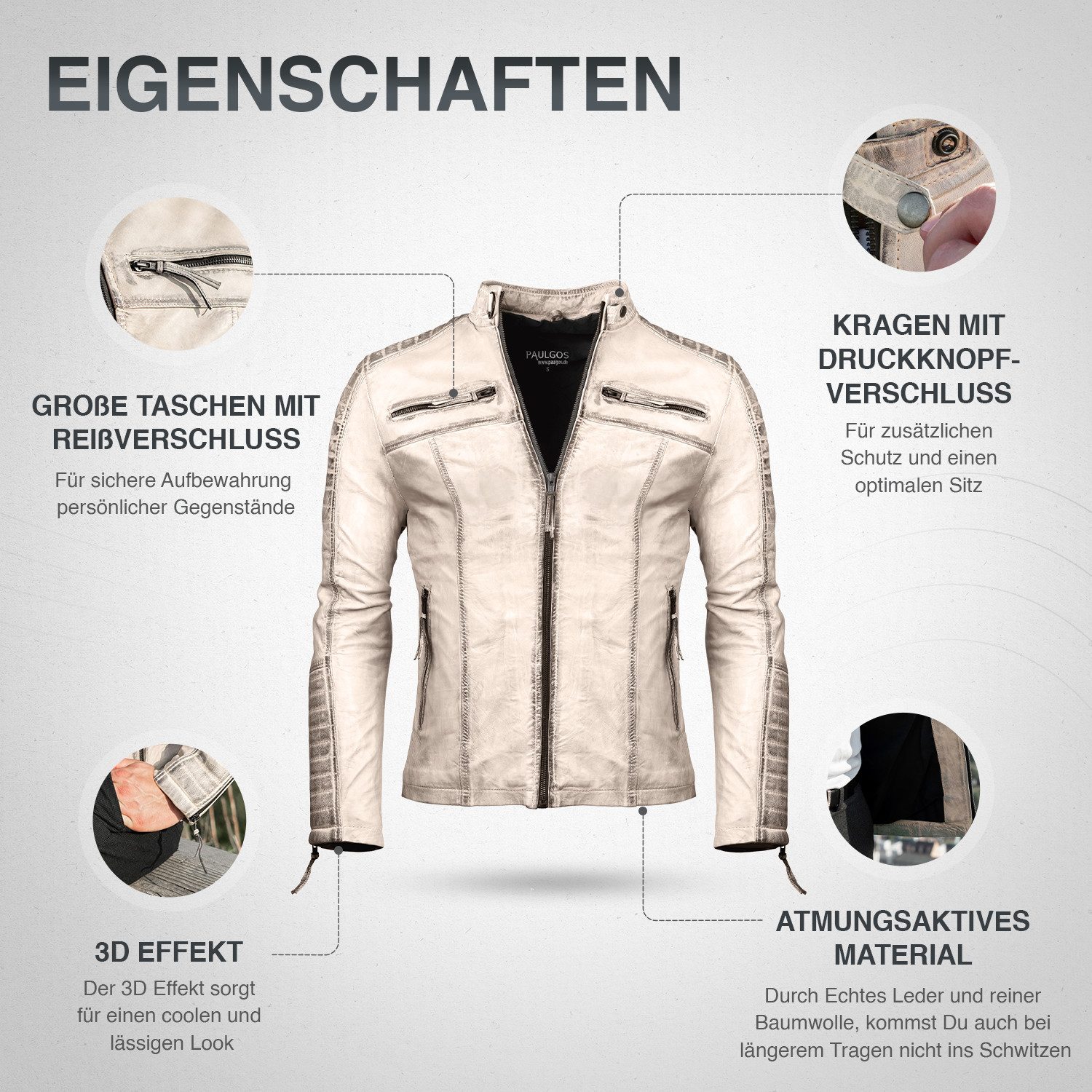 PAULGOS Lederjacke Herren Jacke Übergangsjacke Biker Look 100% Echtleder D1 – Bild 3 von 5