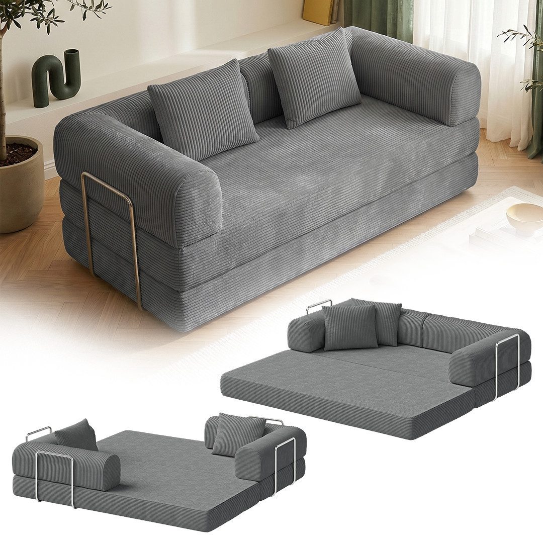 skølm Sofa & Sessel Lofn aus Vollschaum Cord, umwandelbar zum Schlafsofa/-Sessel, Dunkelgrau, Cordsofa 200 cm breit, 2 Sitzer, kein Aufbau erforderlich, vakuumiert