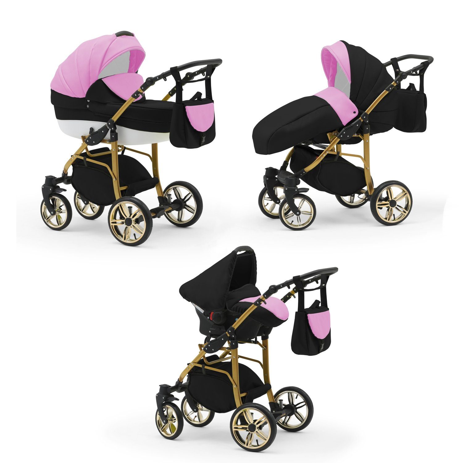 babies-on-wheels Kombi-Kinderwagen 3 in 1 Kinderwagen-Set Cosmo ECO Gold - 16 Teile - in 46 Farben Pink-Schwarz-Weiß