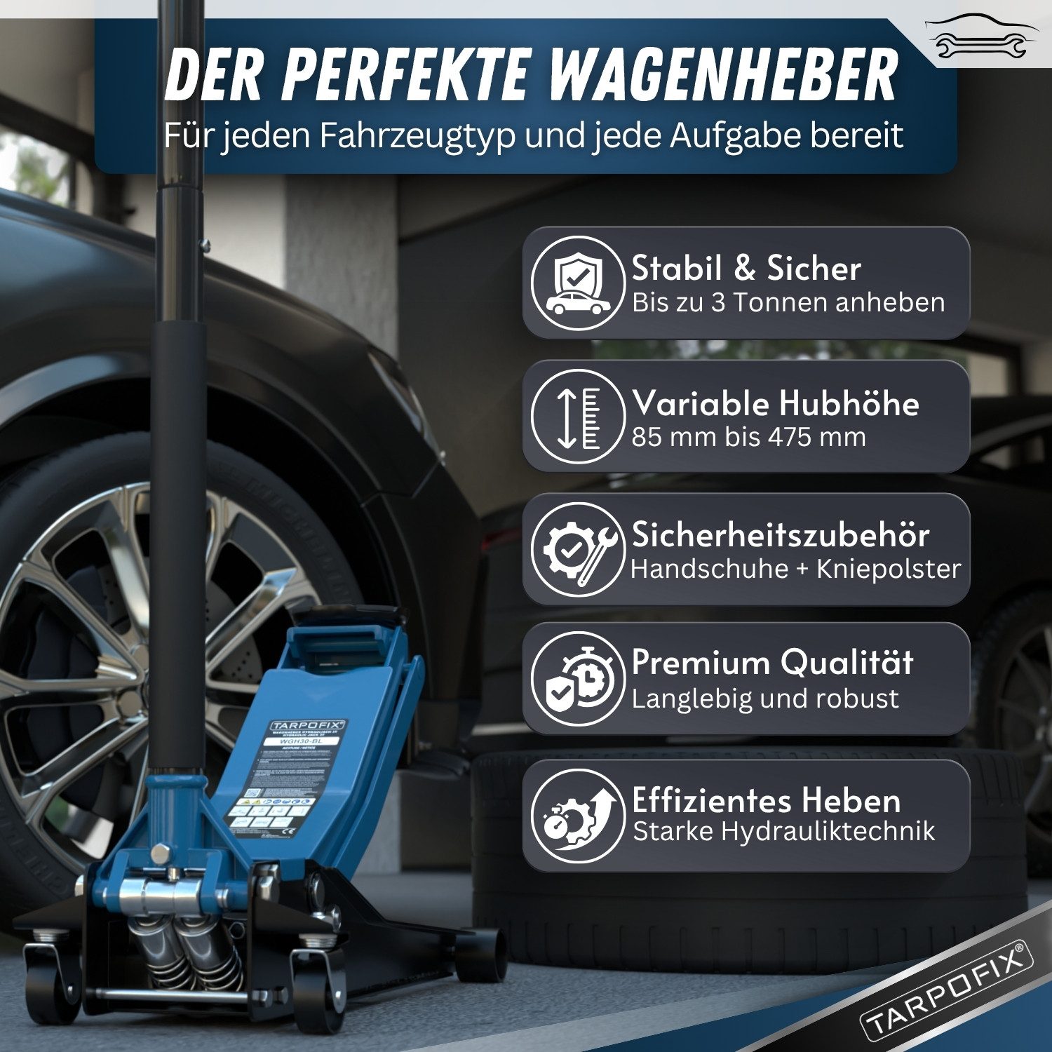 Tarpofix® Wagenheber Tarpofix® Hydraulischer Wagenheber 3t mit Doppelzylinder, max. Hubhöhe: 47.5 cm, Robuster Hydraulikheber mit 85 - 475 mm Hubhöhe