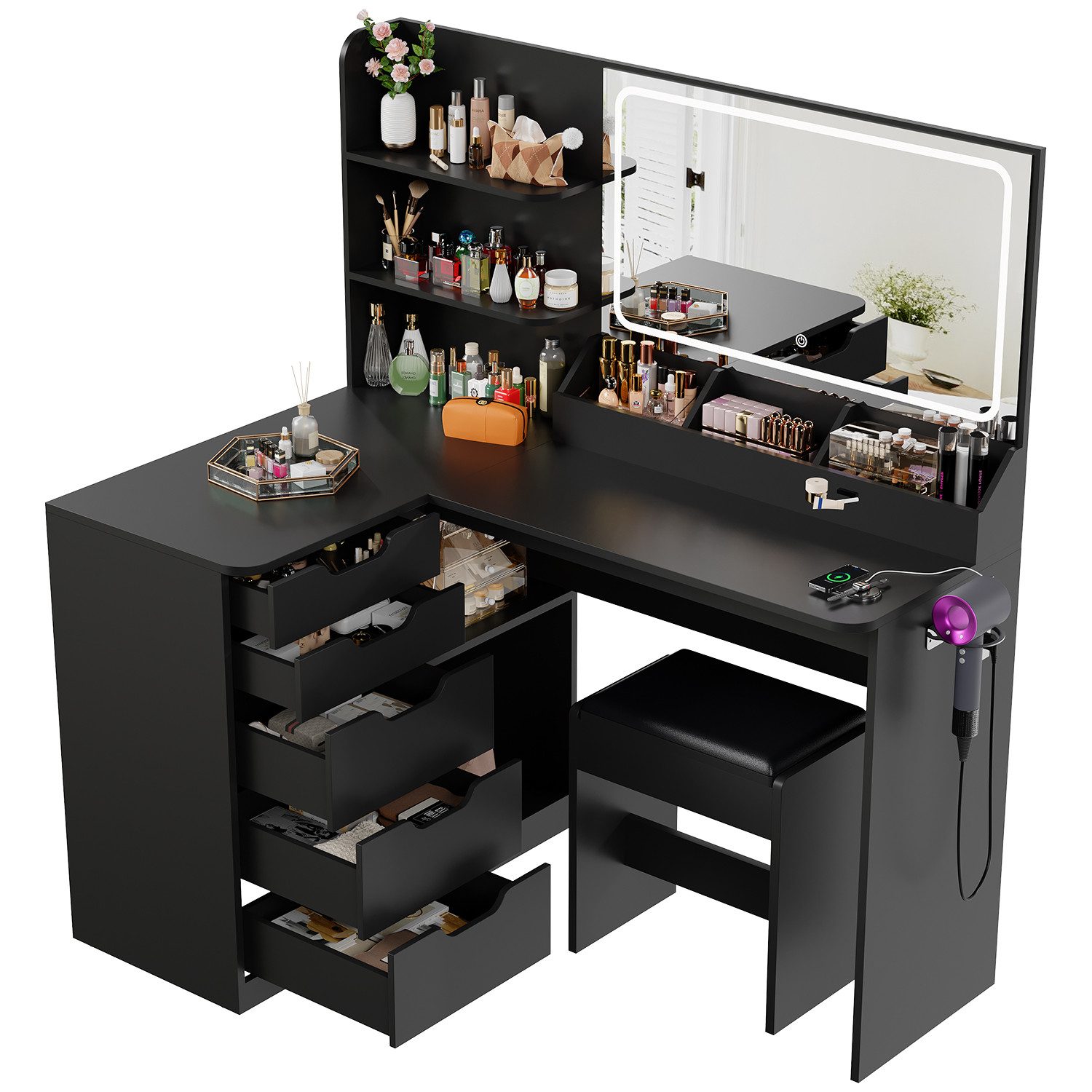 Furnicopia Schminktisch LED-Schminktisch mit großer Ablagefläche und Hocker günstig online kaufen