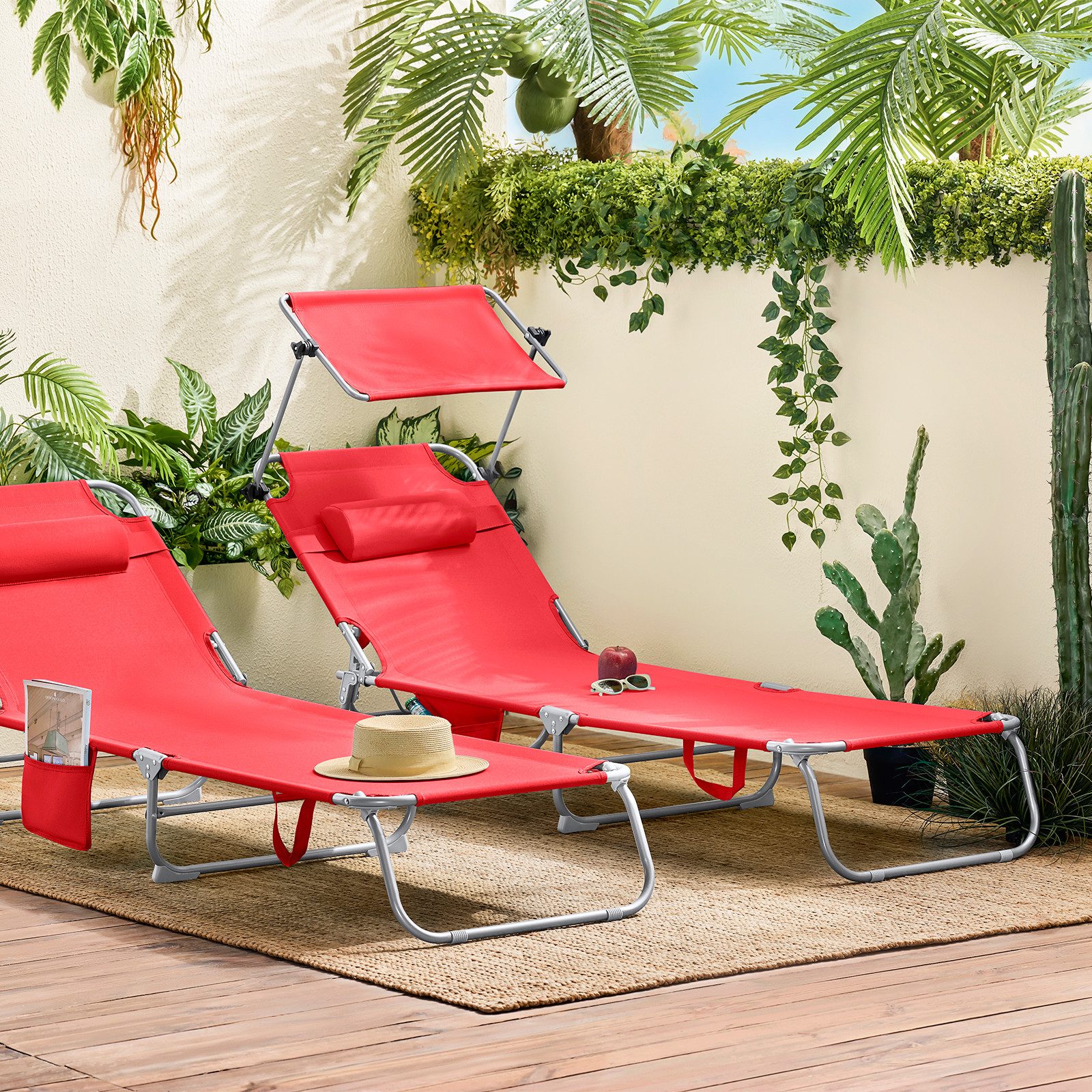 SoBuy 2-er Set Gartenliege mit Kopfkissen und Sonnendach aus Metall Schwarz günstig online kaufen