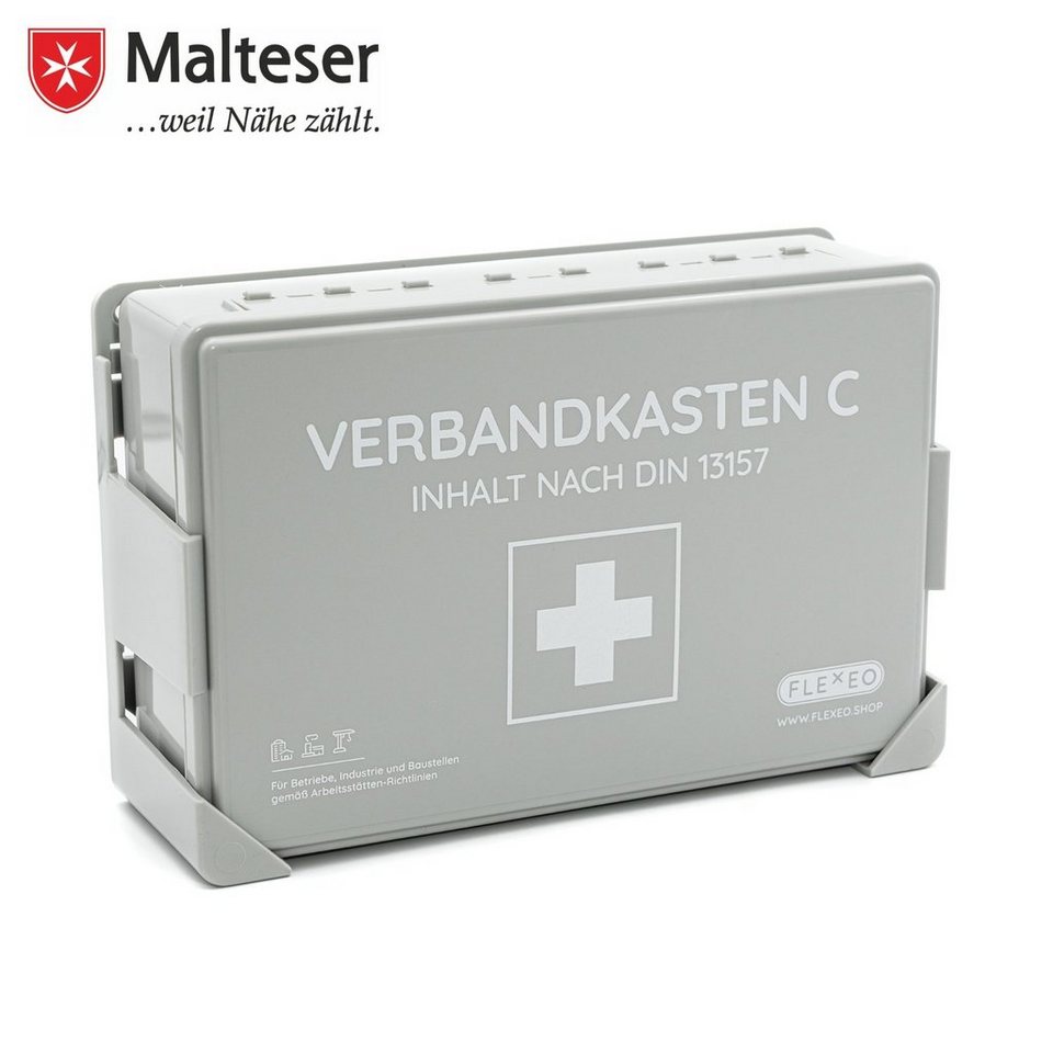FLEXEO Erste-Hilfe-Koffer DIN 13157, (1 St), Betriebsverbandkasten inkl.  Wandhalterung, grau