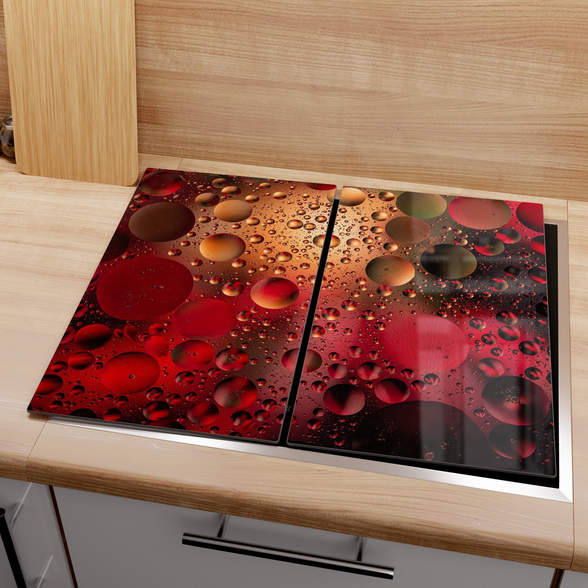 DEQORI Herdblende-/Abdeckplatte 'Feurige Tropfen', Glas, (2 tlg), Herdabdeckplatte Ceranfeld Herd Platte Abdeckung Glasplatte
