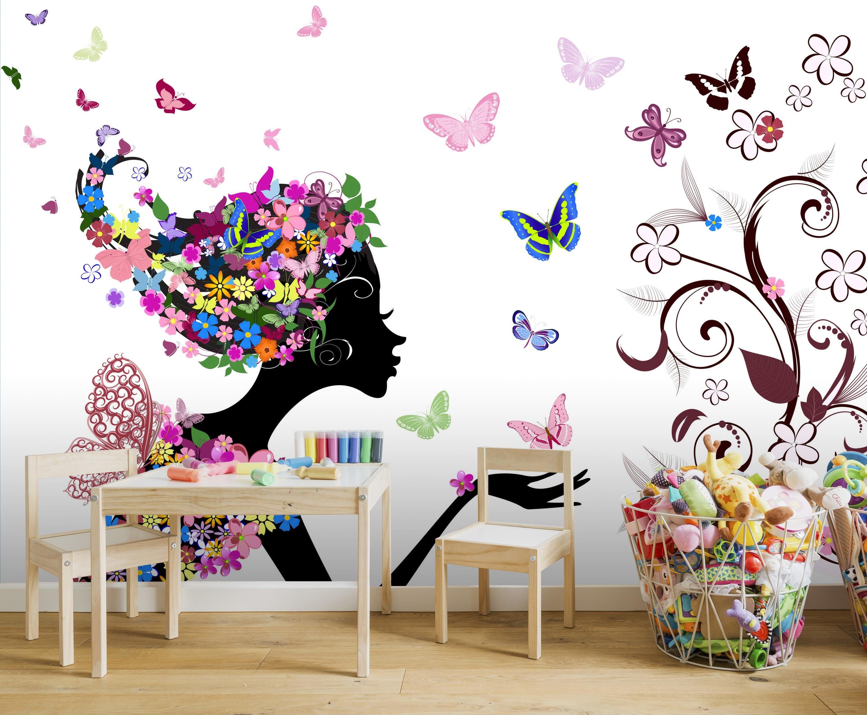 Schmetterlinge, wandmotiv24 matt, Elfe Blumen Motivtapete, Fototapete Wandtapete, Silhouette glatt, Vliestapete