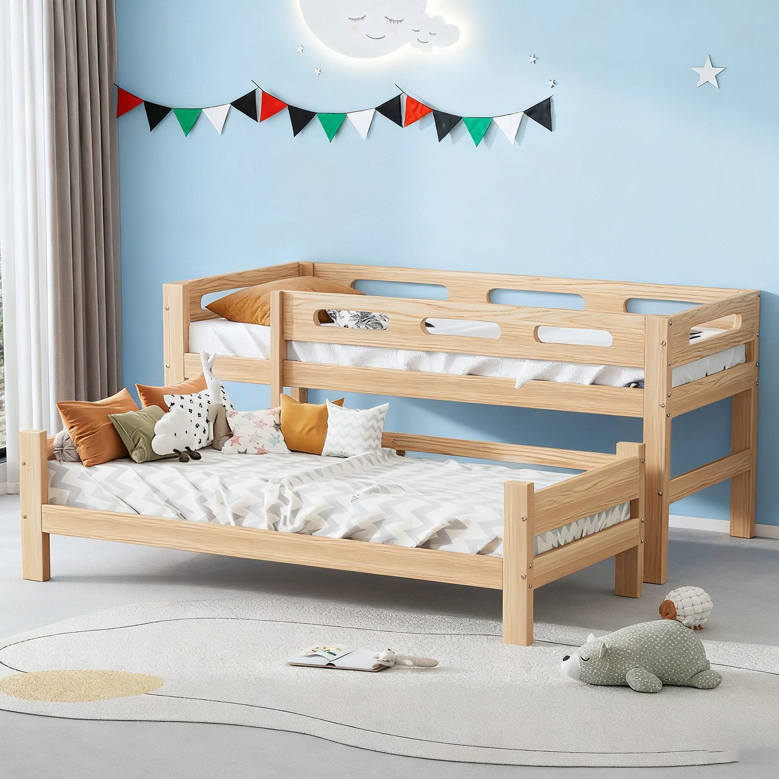 MODFU Etagenbett aufteilbar in 2 (Kinderbett Holzbett, stabiler Kiefernholz günstig online kaufen