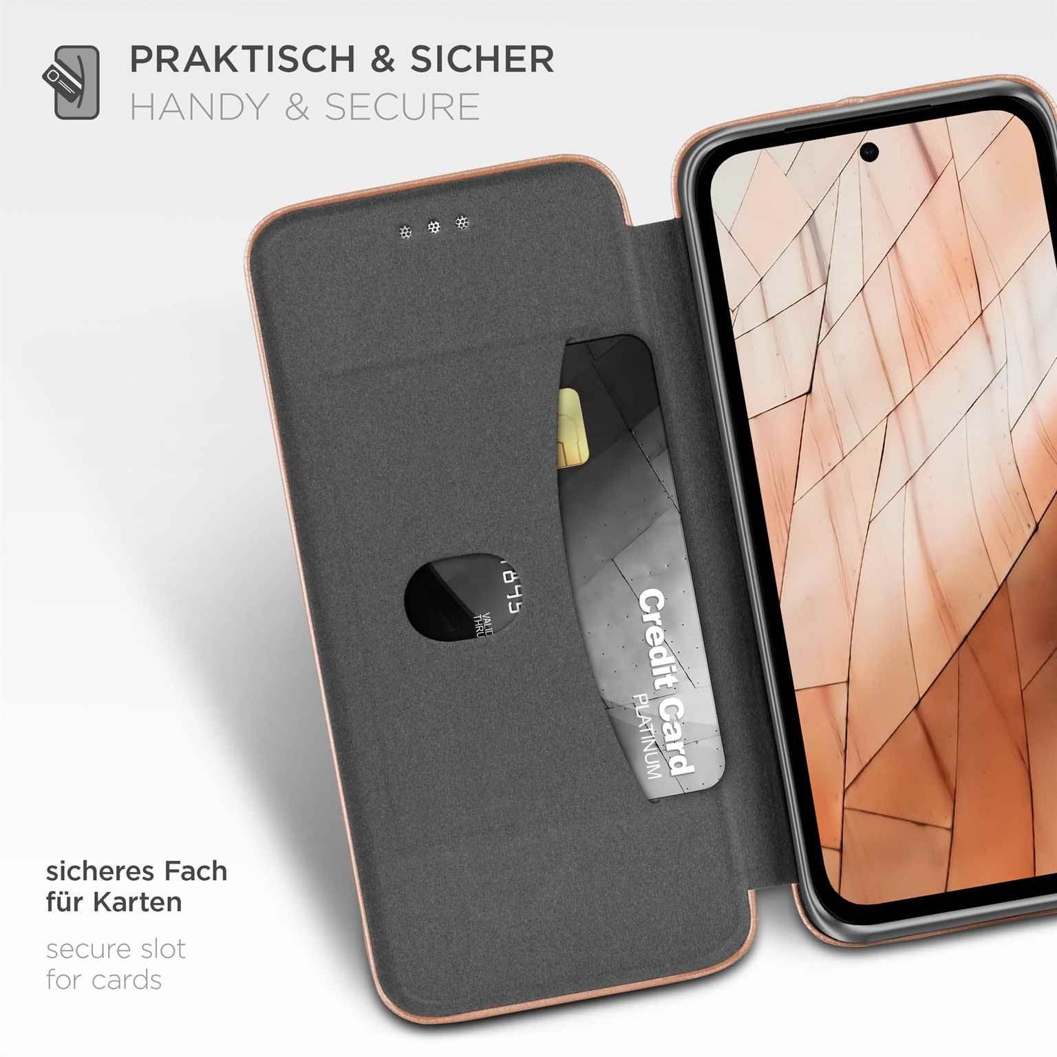 ONEFLOW Handyhülle für Google Pixel 8a Premium Hülle Business Cover Rosa 6,1 Zoll, 360 Grad Schutzhülle Flip Case Etui Klapphülle Dünn Leder Handy Tasche