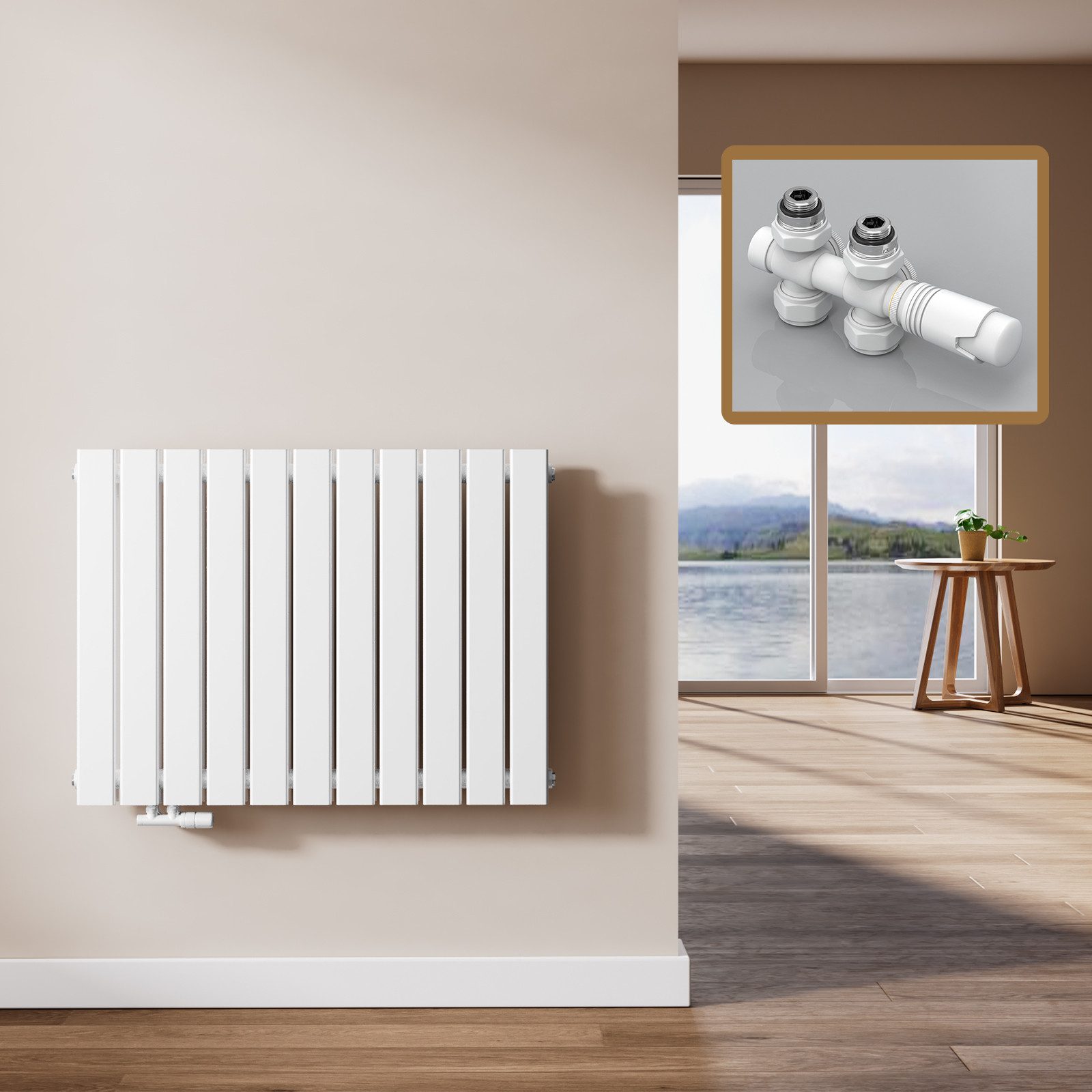 EMKE Heizkörper Doppellagig Flach Horizontal Design Paneelheizkörper, Seitenanschluss Weiß, 1106W für 10 qm Raum