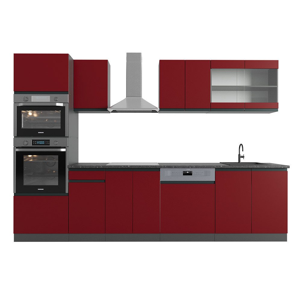 Vicco Küchenzeile R-Line Rot/Anthrazit, 300cm J-Shape, + Hochschrank ohne Arbeitsplatte