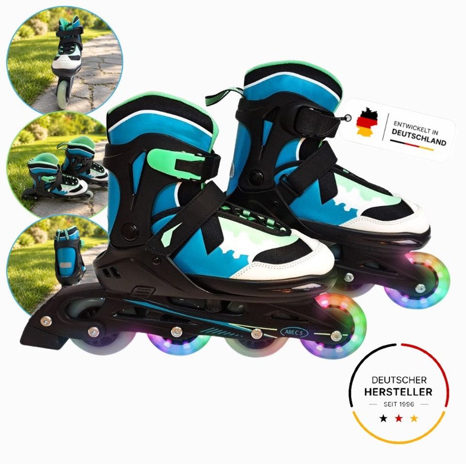 FASports Inlineskates Karuso in 5 Größen und 4 Breitenstufen verstellbar, mit LED-Rollen, in Größe 29-33 für Kinder und Erwachsene