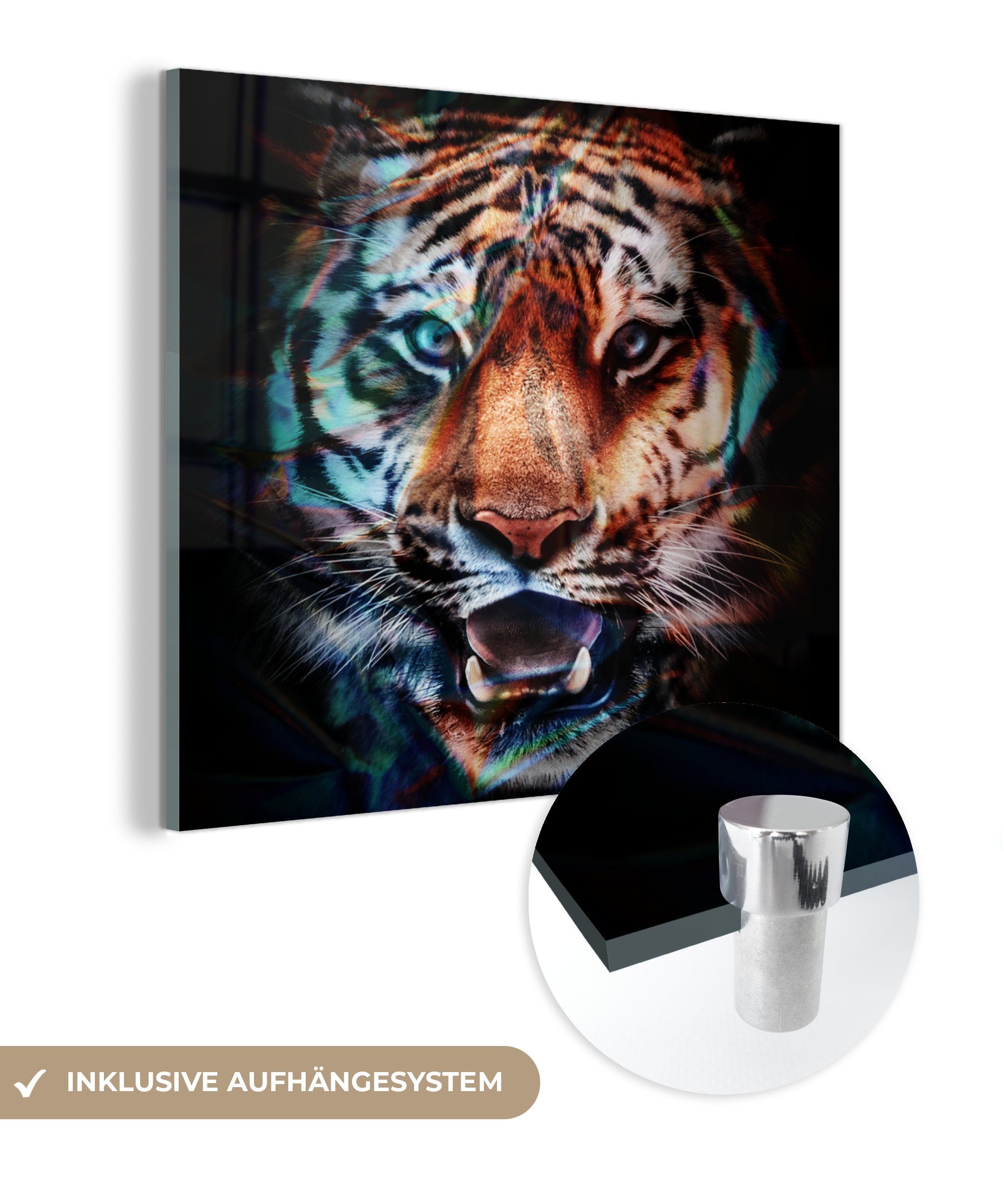 Glas - St), Tiger auf Tier, - Glasbilder Farben MuchoWow Wandbild - Bilder (1 auf Acrylglasbild Foto Glas - - Wanddekoration