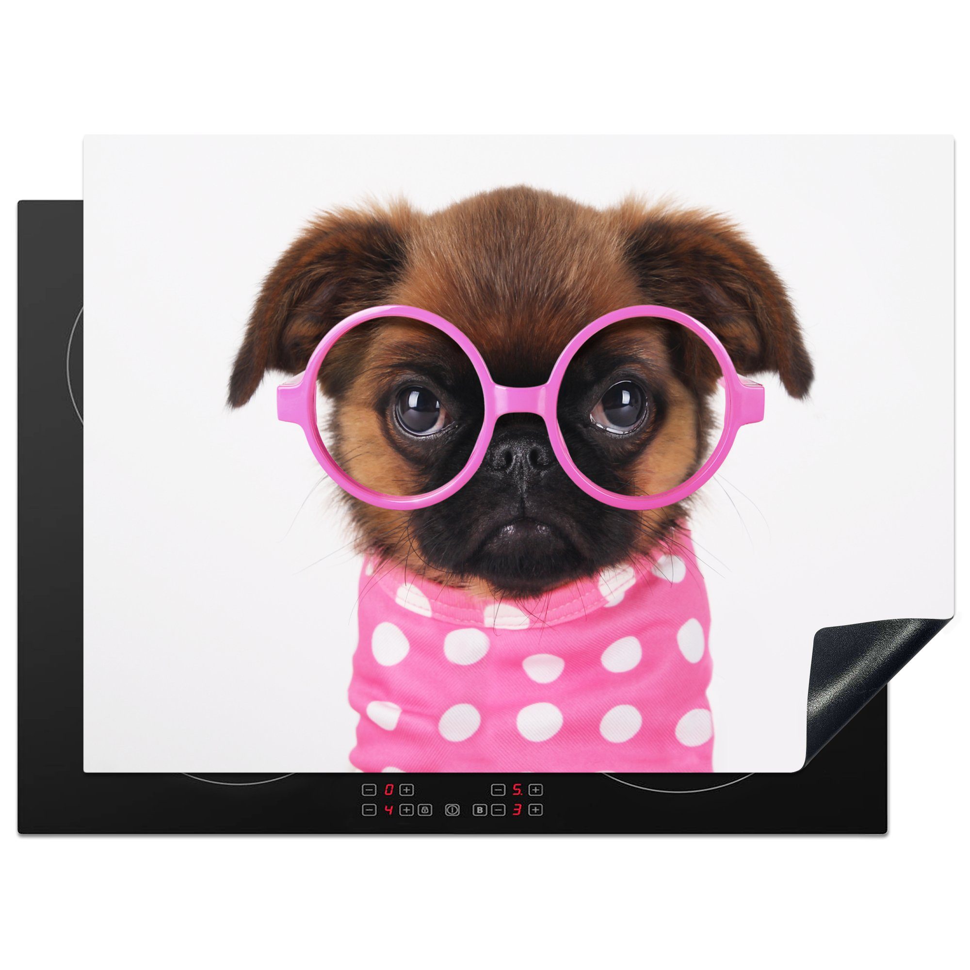 Arbeitsfläche Ceranfeldabdeckung Mobile Kleid, und trägt MuchoWow tlg), ein Hund Herdblende-/Abdeckplatte 70x52 cm, Vinyl, eine nutzbar, rosa Brille Ein rosa (1