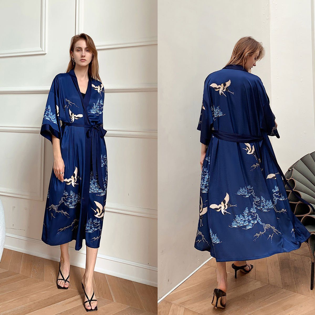 Vivi Idee Morgenmantel Bademantel Schlafmantel kimono lang leicht satin Sauna Einheitsgröße, Kimono-Kragen, Bindegürtel, Seidig