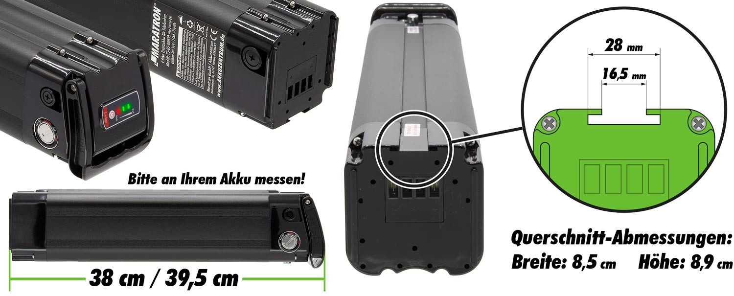 Maratron 36V Ersatz- E-Bike Akku 10,4Ah (1 St), für TELEFUNKEN Multitalent, ZÜNDAPP Z510, Z517 uvm. Länge 39,5 cm – Bild 3 von 5