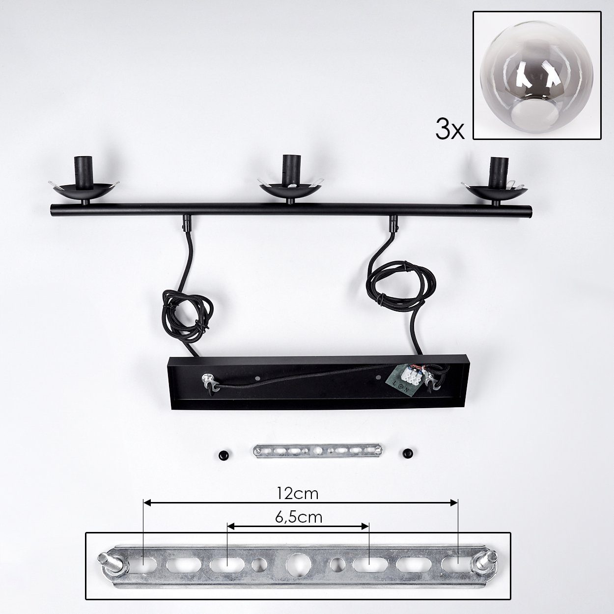 ohne Leuchtmittel, Design, Hängelampe Pendelleuchte 3x Metall/Glas Leuchtmittel hofstein in Schwarz/Rauchfarben/Klar, im Vintage/Retro ohne E14, Glasschrime Ø15cm, aus