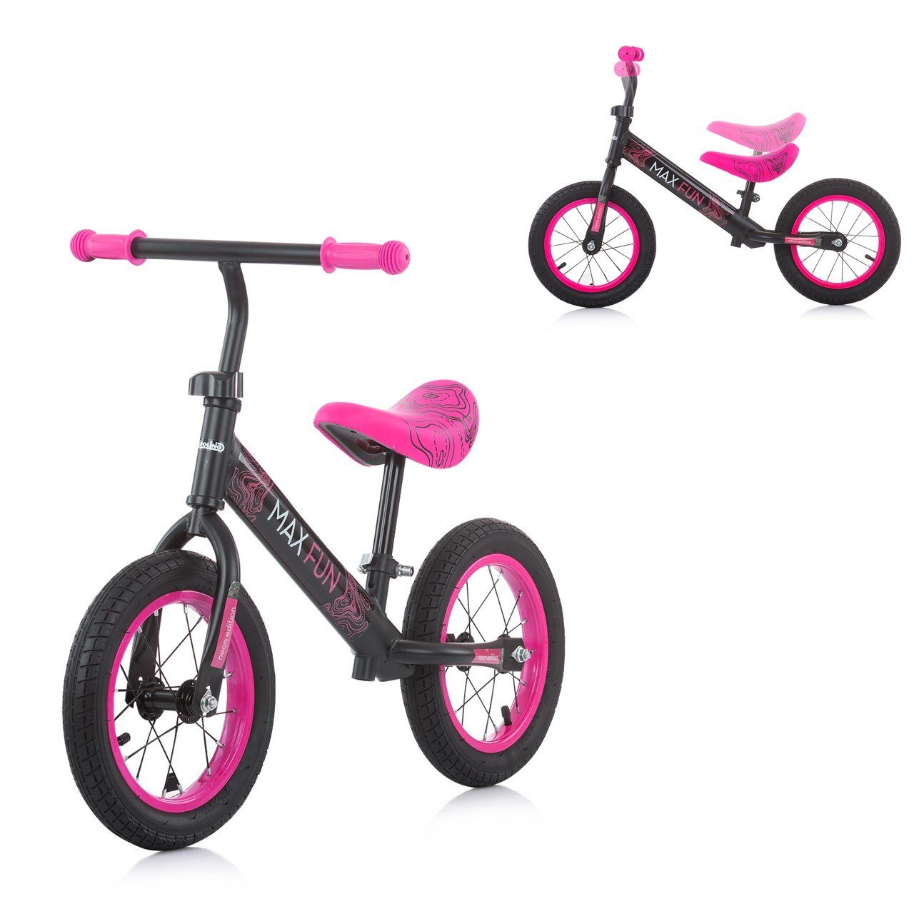 Chipolino Laufrad Laufrad Max Fun 12 Zoll (30,48 cm) Zoll, Lufträder, Sitz verstellbar, Neon-Design, Gummigriffe pink