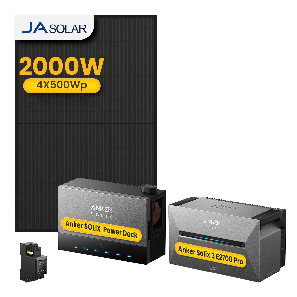 Anker Balkonkraftwerk 2000W Anker SOLIX Solarbank Power Dock mit Solarbank 3 Pro Speicher, (Power Dock und 4x JASolar 500Wp Solarmodule im Lieferumfang enthalten), Speicher mit integriertem Wechselrichter, All-in-One 2,68kWh Akku