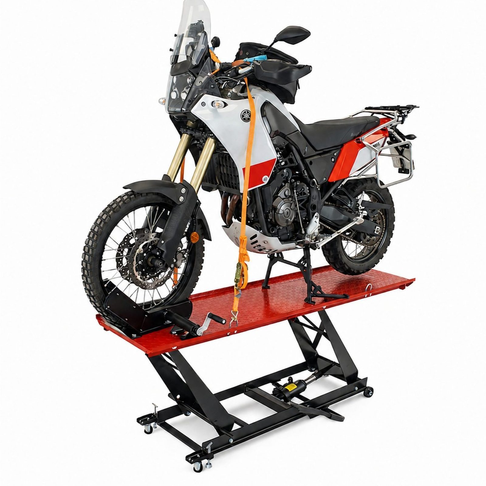 TRUTZHOLM Hydraulikheber Motorradhebebühne hydraulisch 450 kg Breite 55 cm Parallelhub Heber, Vorderradklemme, 4 Halteösen, abnehmbare Auffahrrampe