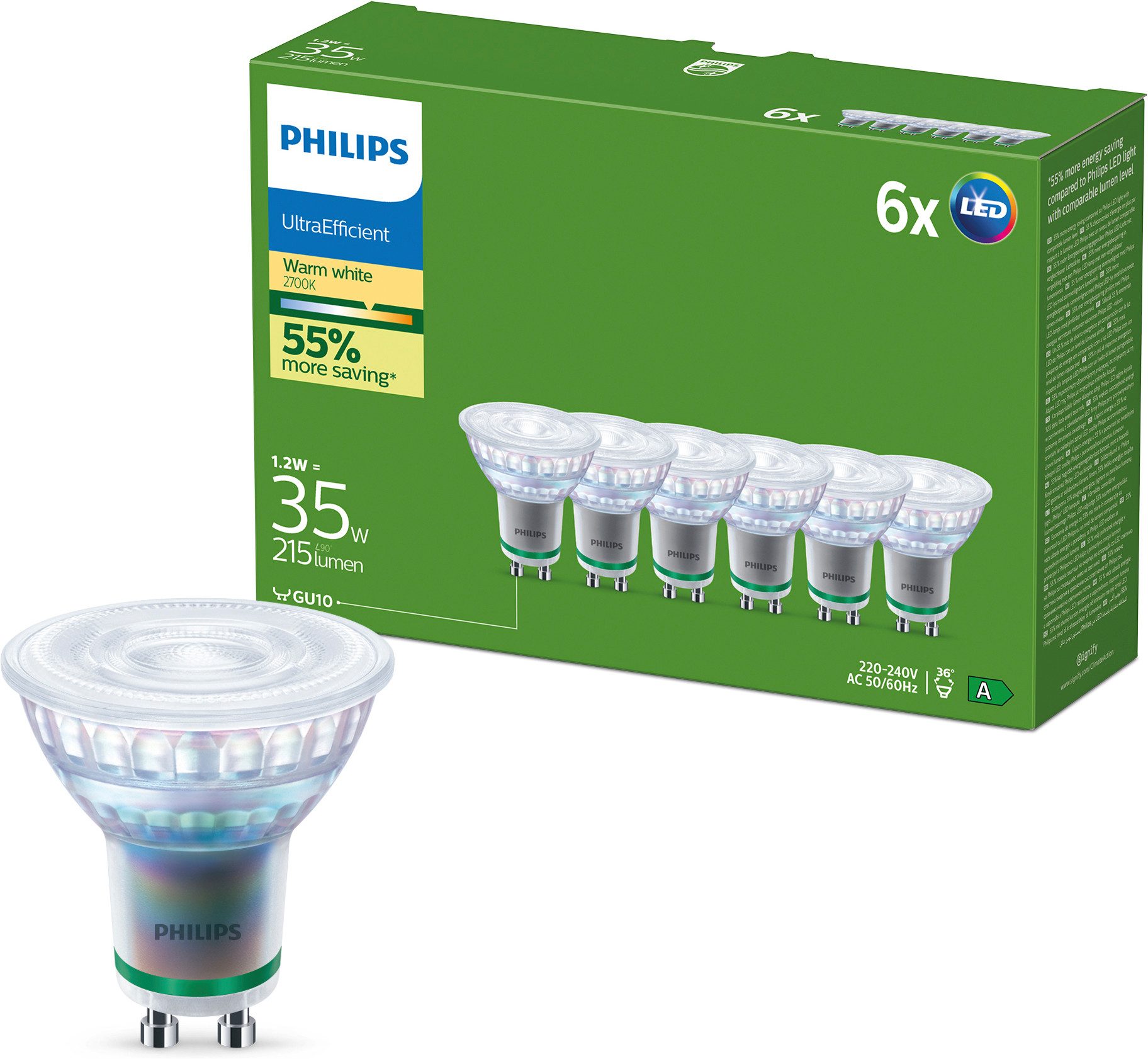 Philips LED-Leuchtmittel Ultraeffiziente LED GU10 Spots, 6er-Pack, 35 W, Warmweiß, GU10, 6 St., Warmweiß, flimmerfrei, EyeComfort, lange Lebensdauer