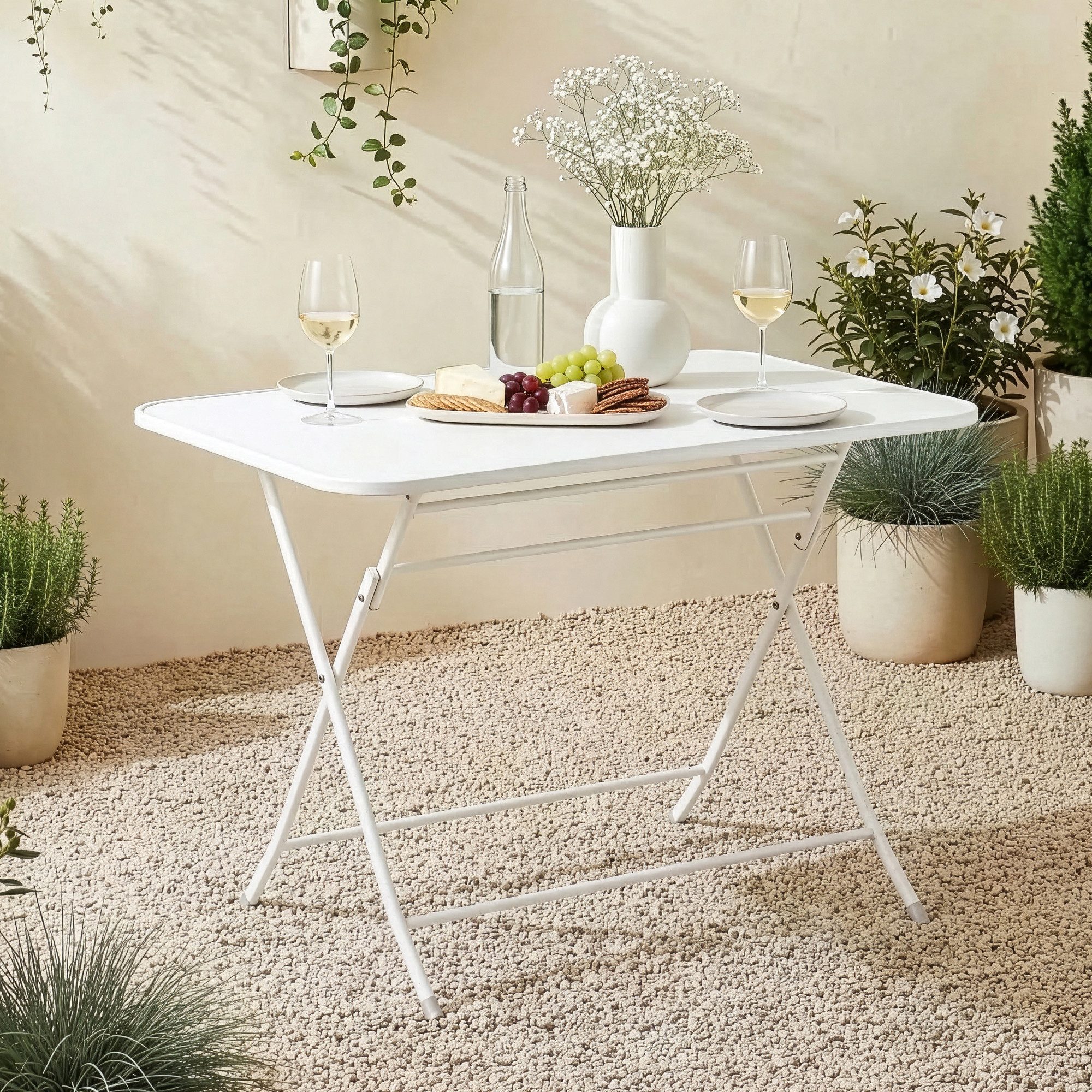 en.casa Klapptisch, Gartentisch »Sande« rechteckig Stahl 71x70x110 cm Weiß