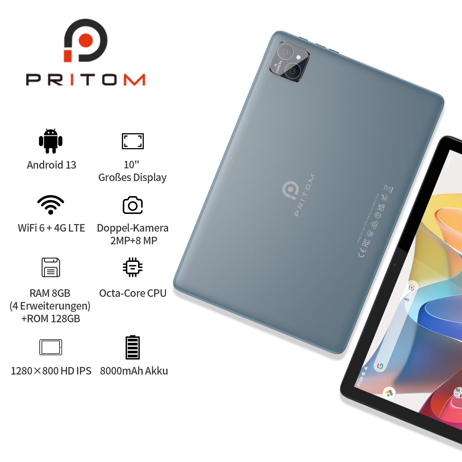 PRITOM IPS-LCD-Tablet, 8G RAM, 128G ROM, Tablet (10