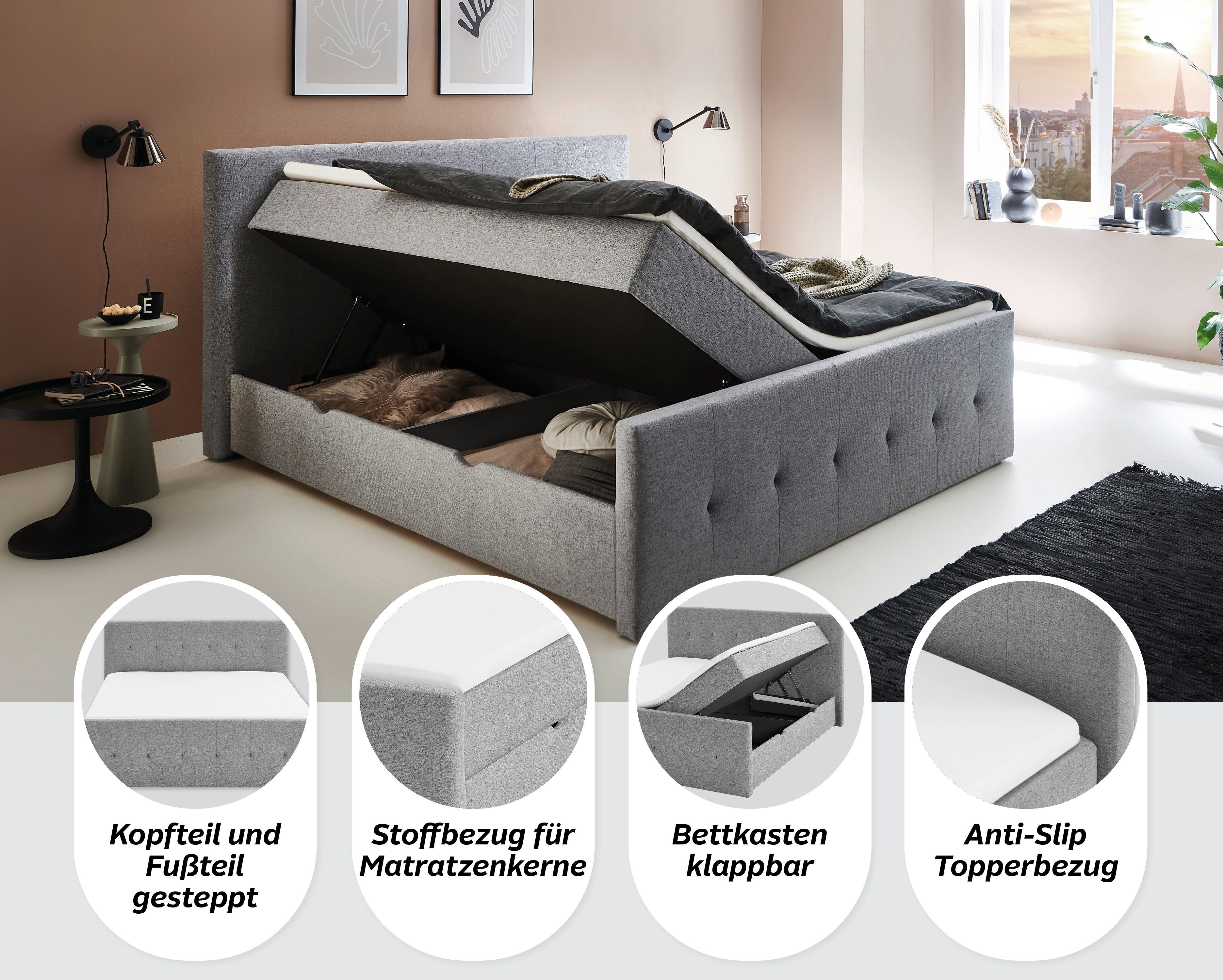 Home affaire Boxbett Tessaja, inkl. Bettkasten, in der Breite 180x200cm erhältlich, Kopf- und Fußteil gesteppt, inkl. Anti-Slip-Topper