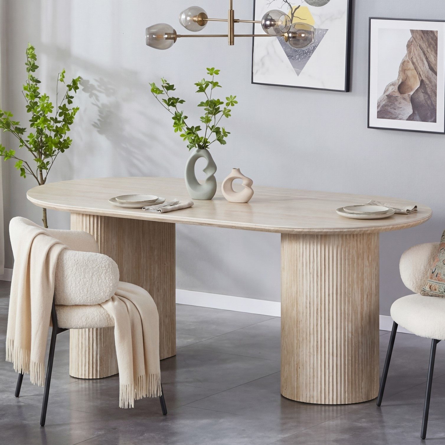 HOOZ Wohnzimmertisch Esstisch oval modern Keramikplatte Traventin-Optik Säule Rund 180x90cm (Set), Keramik-Tischplatte, verschiedene Varianten, pflegeleicht & stabil