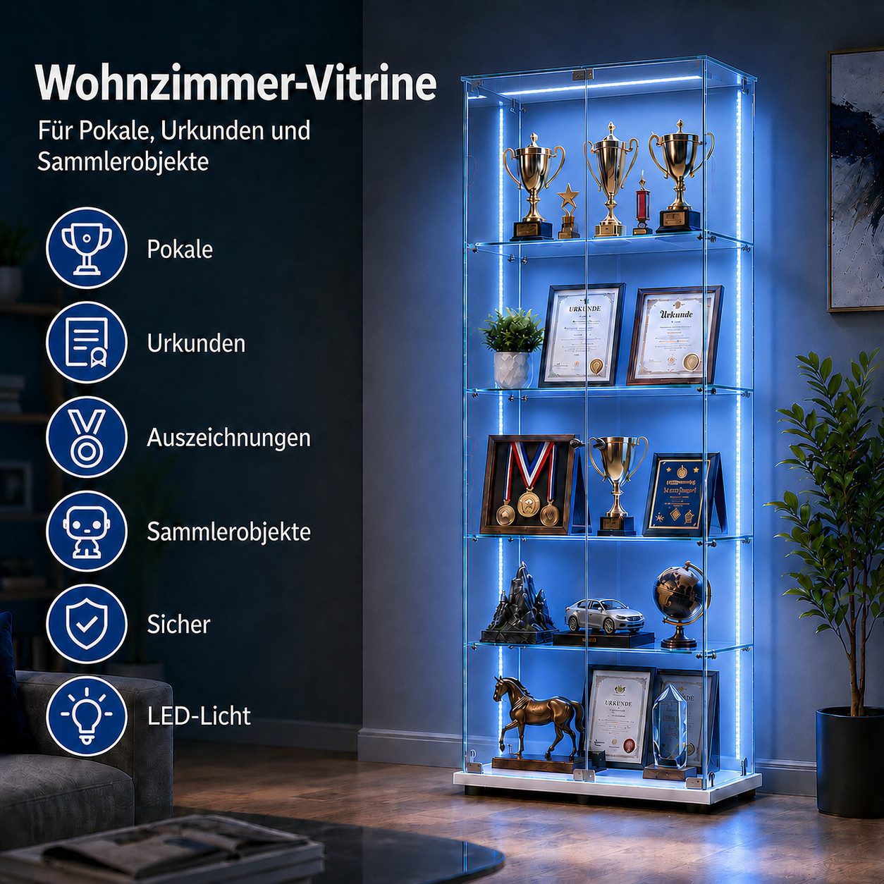 Simurq Glasvitrine Standvitrine mit LED und 2 Glastüren, Vitrinenschrank Glas (4 Ebenen(78,5x35x163 cm), 5 Ebenen(78,5x34,5x186,5 cm), Glasschrank mit 2 Türen,S – Bild 4 von 5