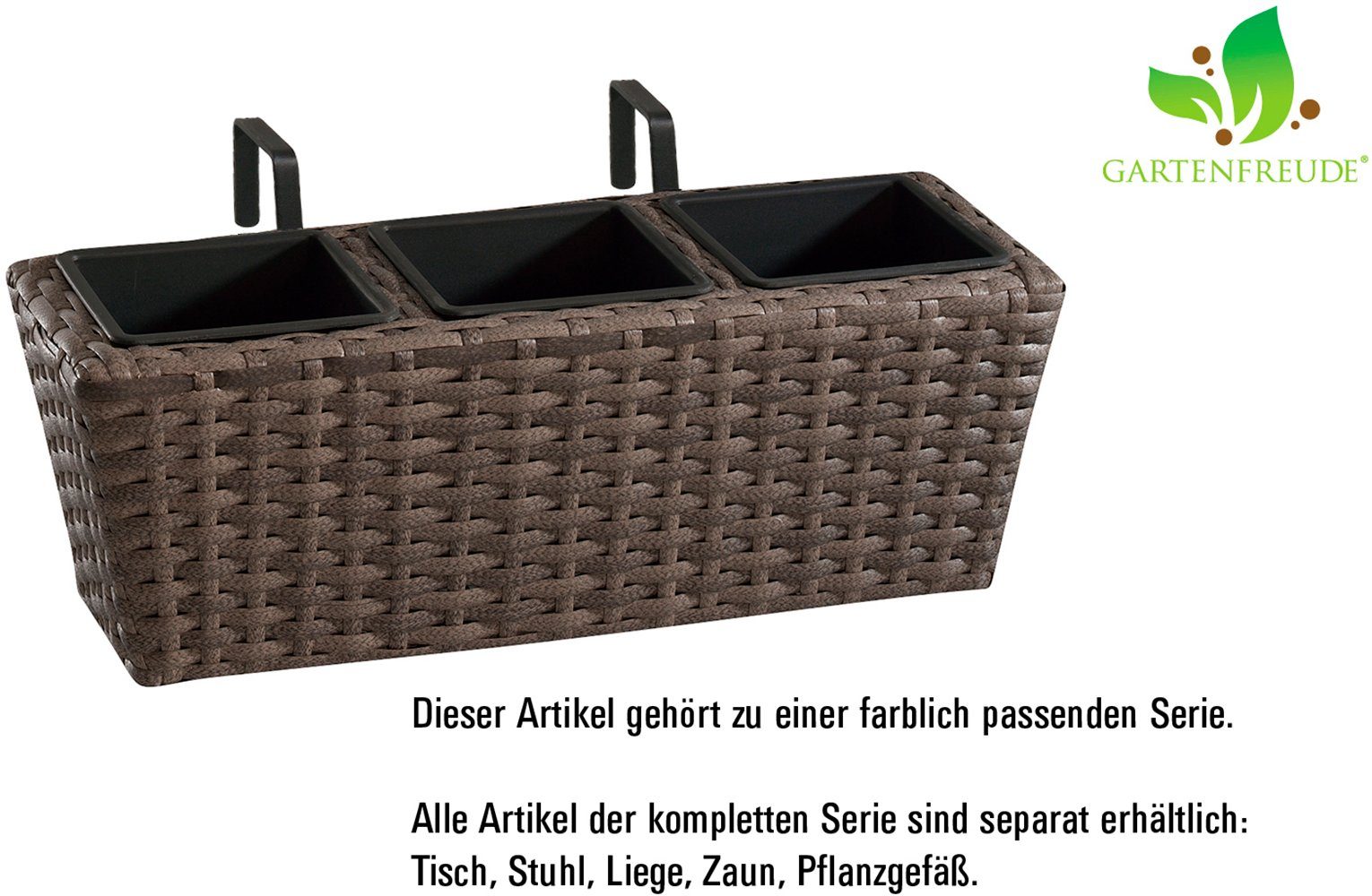 Gartenfreude Balkonkasten (Set, 2 St), 47 x 17 x 15 cm, inkl. Aufhängung, 3er  Kunststoffeinsatz, 2 Balkonkasten aus hochwertigem Polyrattangeflecht