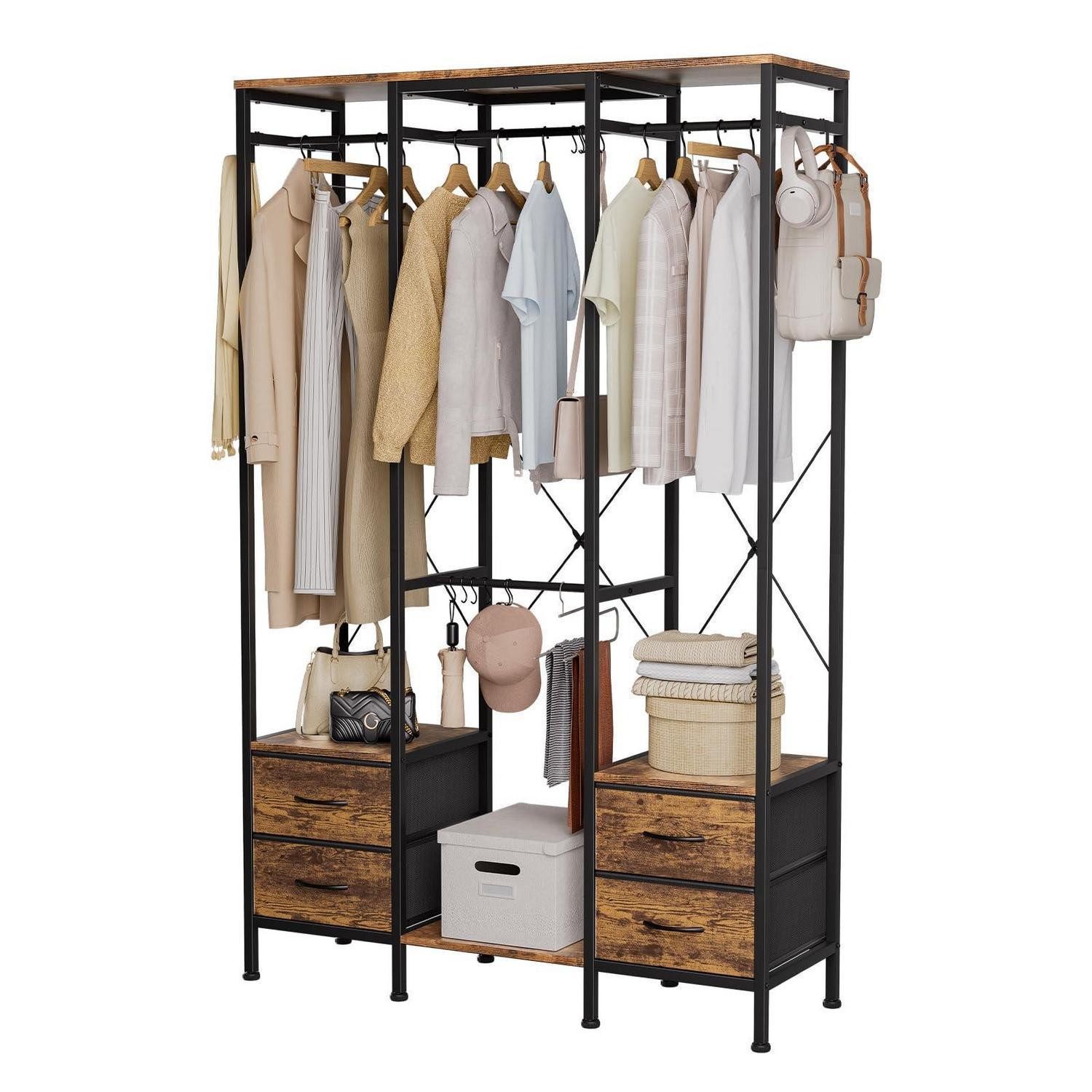 LuxusKollektion Kleiderständer Kleiderständer Holz/Stahl Braun mit 3 Stangen, (1 St)