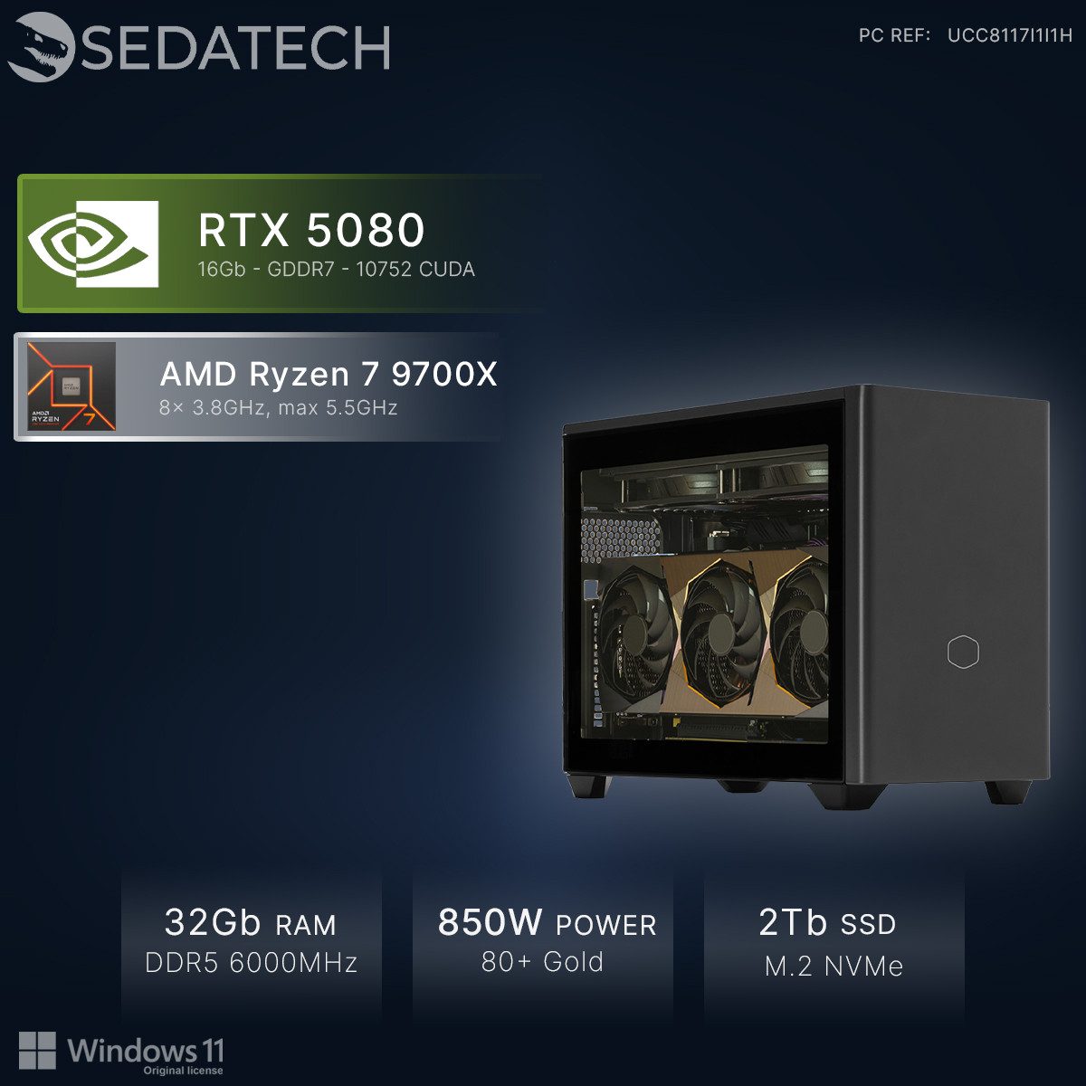 Sedatech UCC8117I1I1HF - Watercooling Workstation Mini-PC (AMD Ryzen 7 9700X 8x 3.8GHz (max 5.5GHz), Geforce RTX5080 16GB, 32 GB RAM, 2000 GB SSD, Watercooling, Wlan 6E)