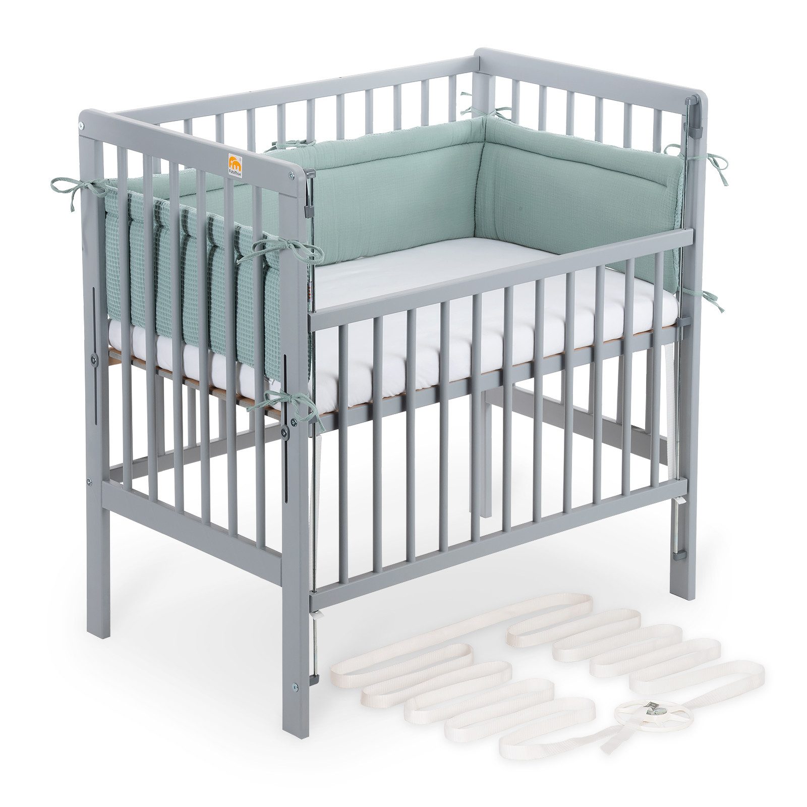 FabiMax Beistellbett Beistellbett Flex 90x55, TÜV geprüft, aus Buchenholz grau lackiert, stufenlos höhenverstellbar, passend für Boxspringbetten, 2 in 1
