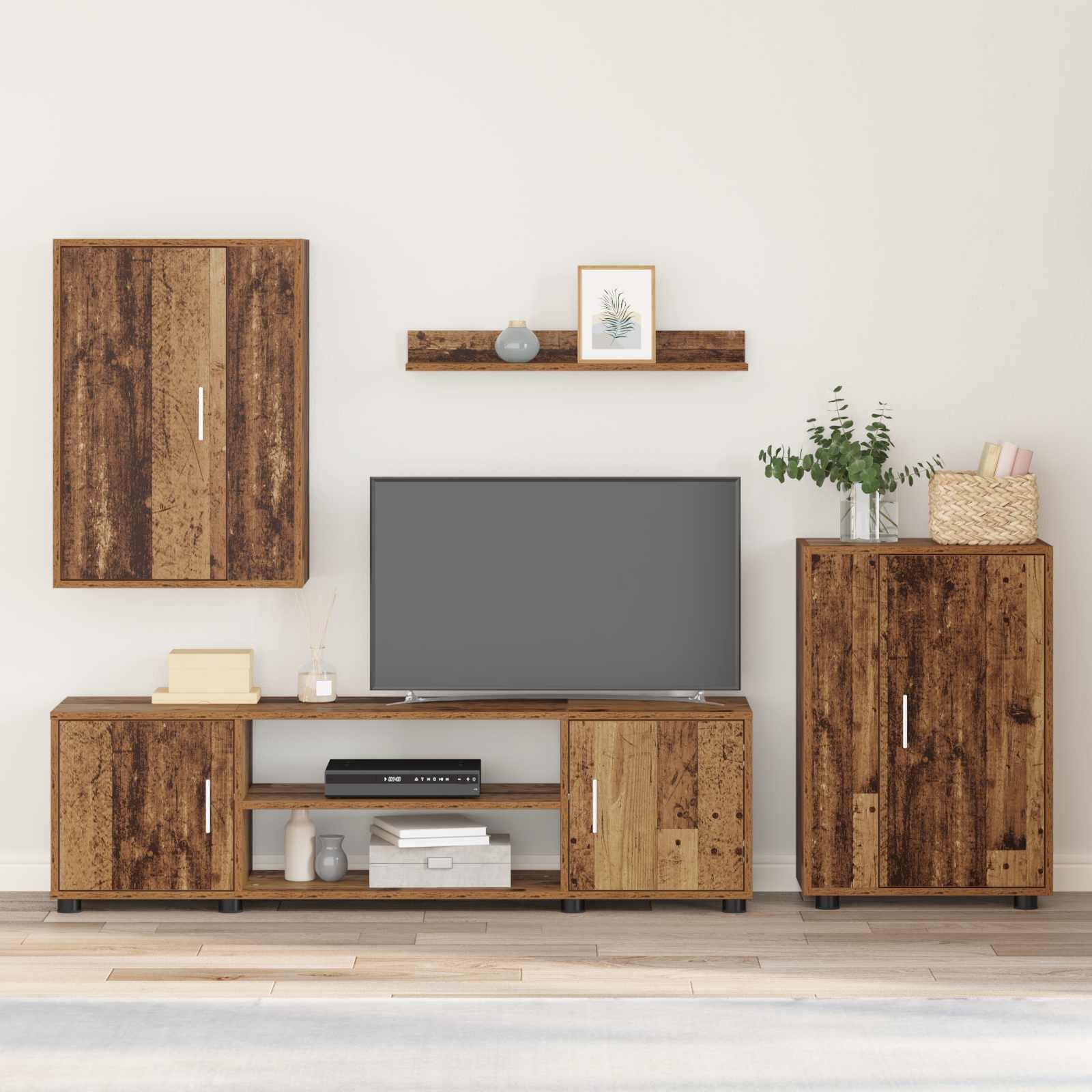 furnicato TV-Schrank TV-Schranksystem 140x33x40 cm Altholz (1-St) Wandmontiertes Wohnwand-Set mit 4 Türen und viel Stauraum