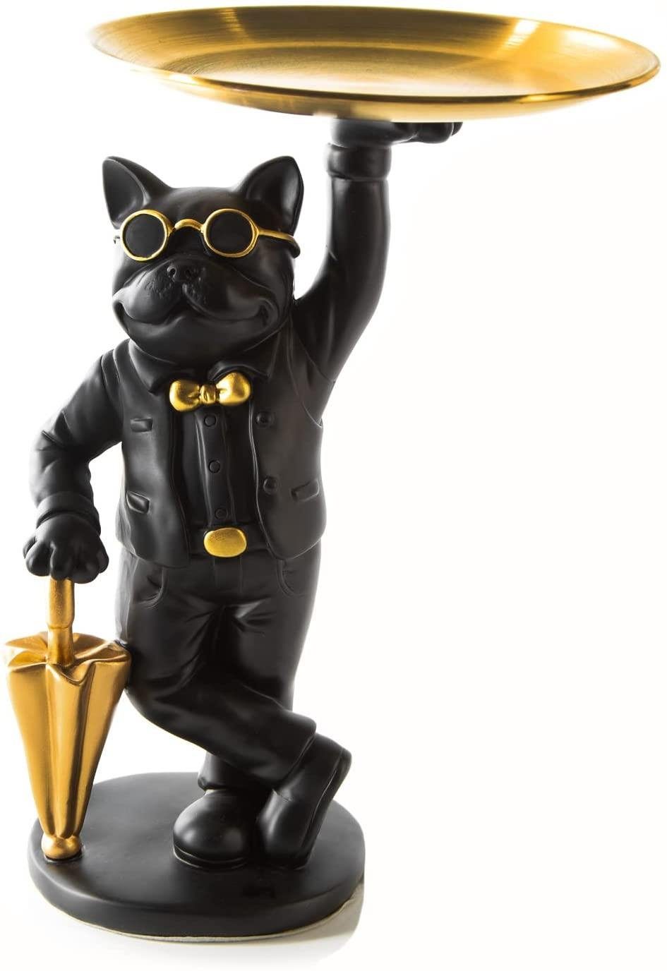 Casa Padrino Luxus Deko Figur Hund französische Bulldogge mit Halsband  Schwarz / Gold 49 x 20 x H. 41 cm - Kunstharz Deko Skulptur - Wohnzimmer  Deko - Deko Tierfigur