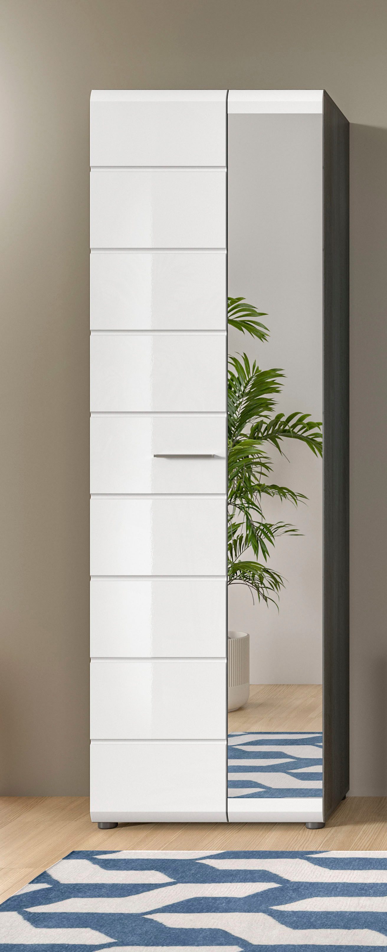 Garderobenschrank Rumba, Höhe 192 cm, 1 Hochglanz Tür, 1 Spiegeltür, 4 Einlegeböden